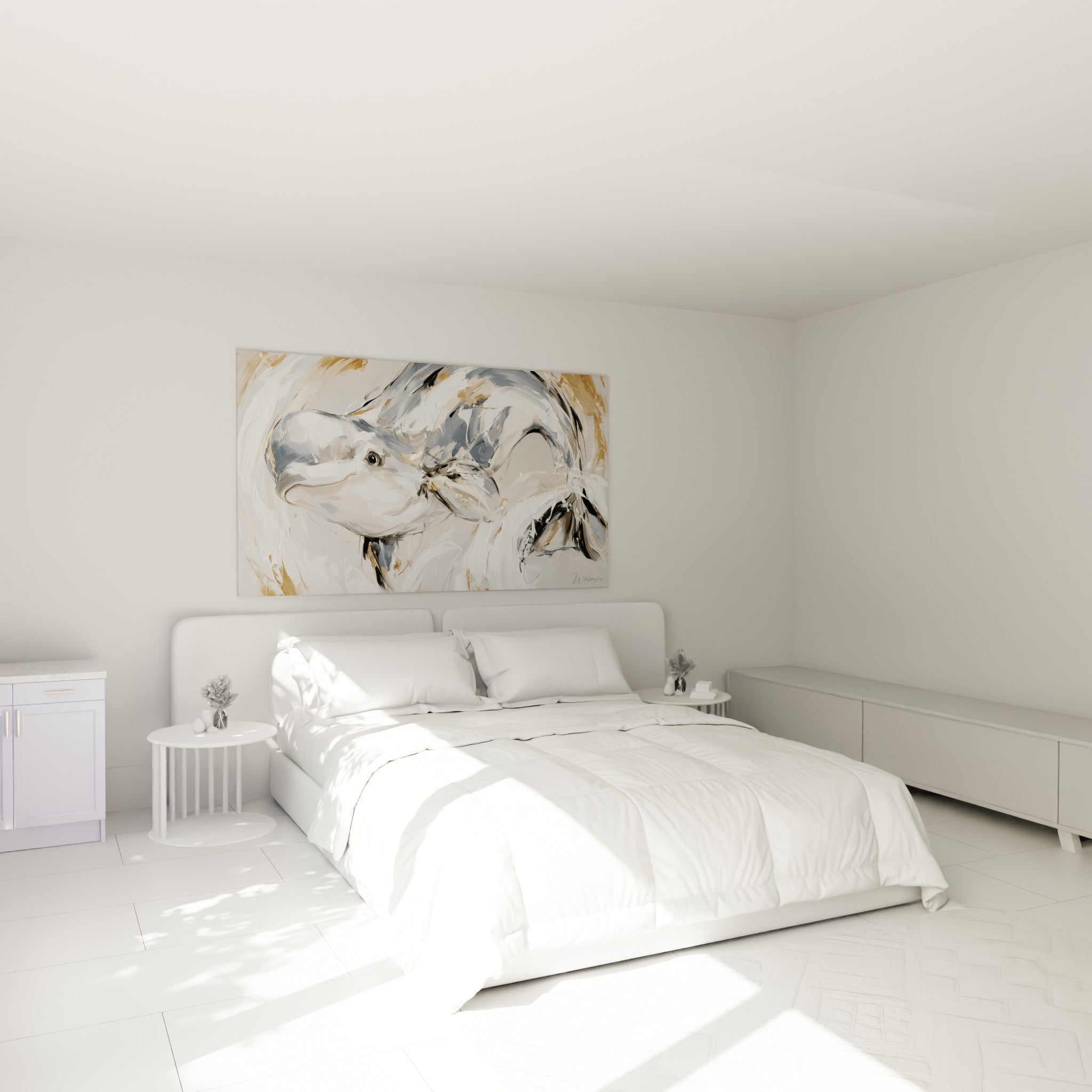 Nage du beluga en gris et doré, empâtements texturés, au-dessus d'un lit dans une chambre claire