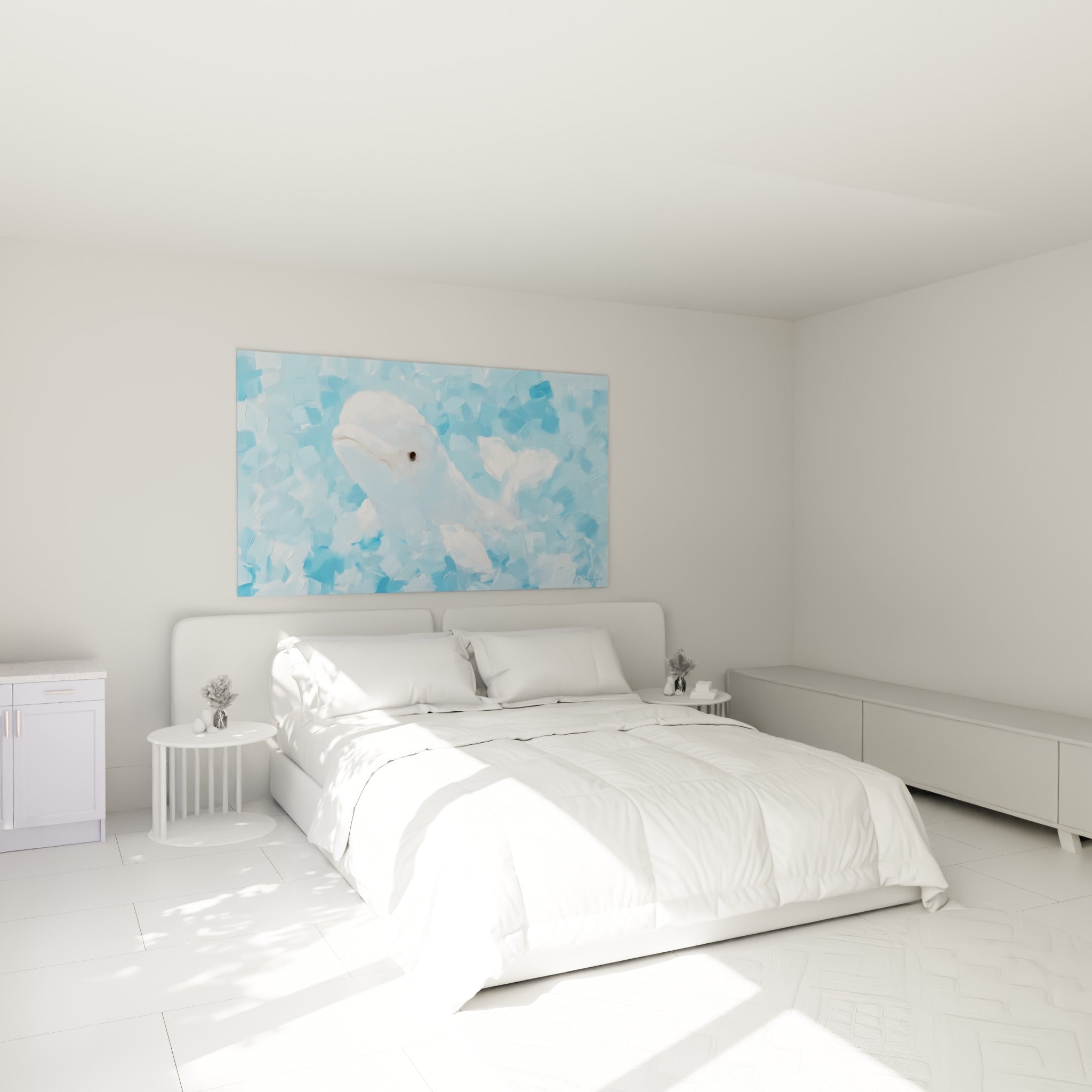 Nageoire dorsale visible sur ce beluga blanc et bleu pastel, au-dessus d'un lit dans une chambre claire