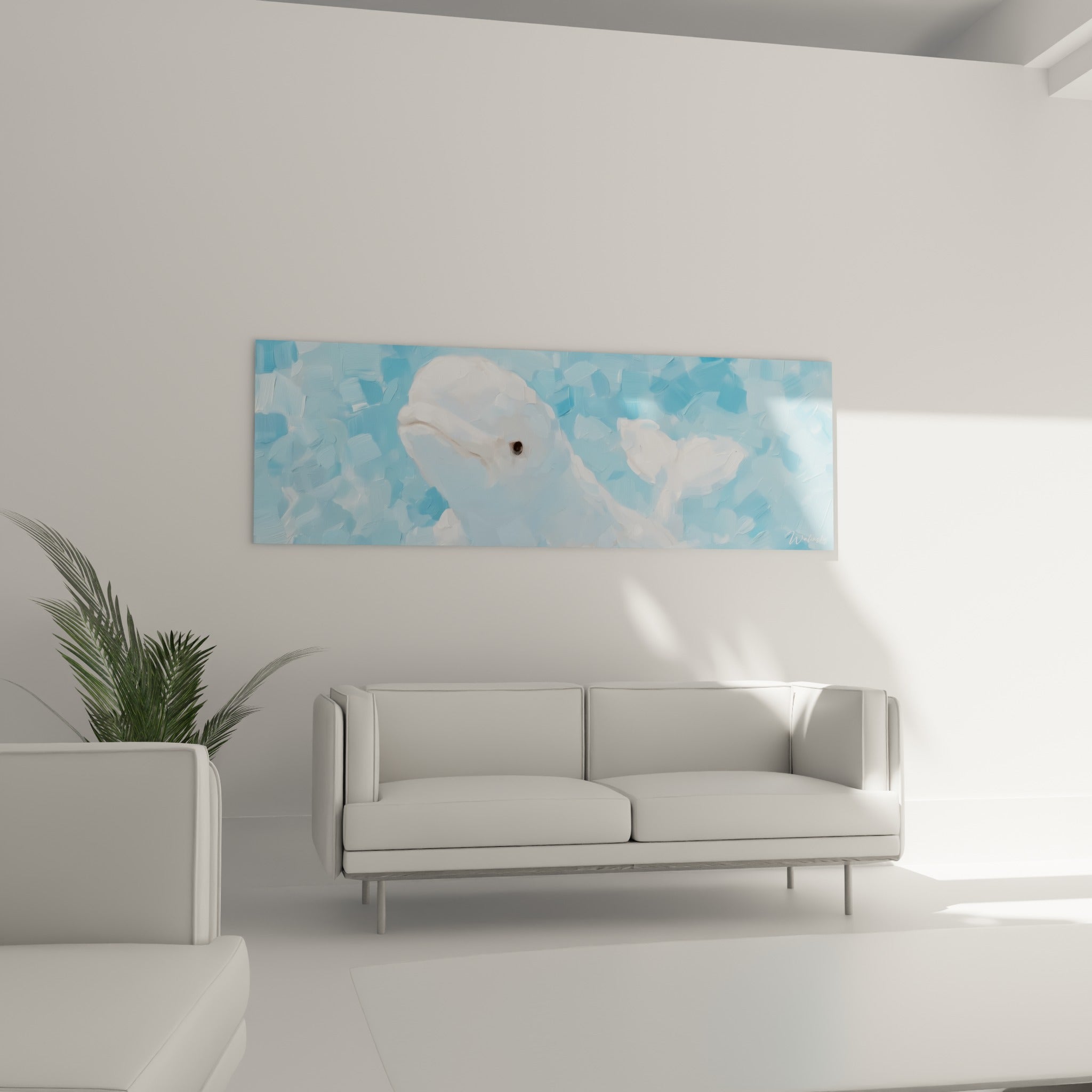 Cétacé blanc et bleu pastel à la texture peinte, au-dessus d'un canapé dans un salon lumineux