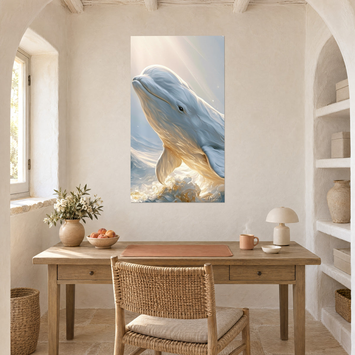 Tableau béluga aux nageoires crème, écume dorée et bleu ciel, au mur d'un bureau en bois clair près d'une niche voûtée