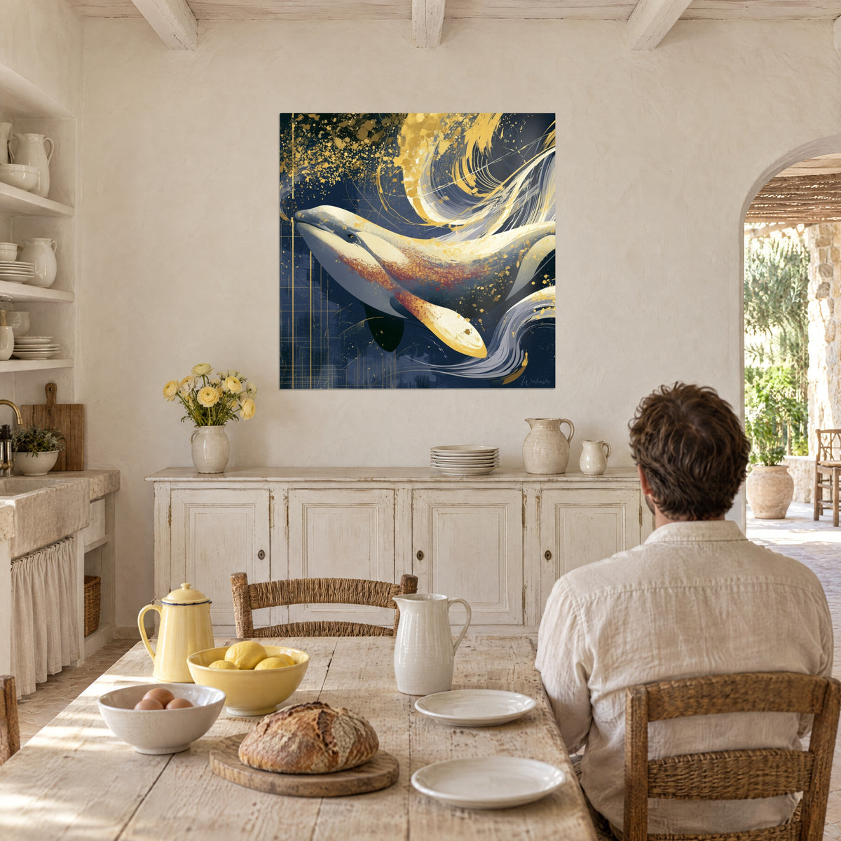 Tableau béluga nacré à la nageoire dorée, volutes jaune d'or sur bleu nuit, couple de dos près d'une table de mas provençal