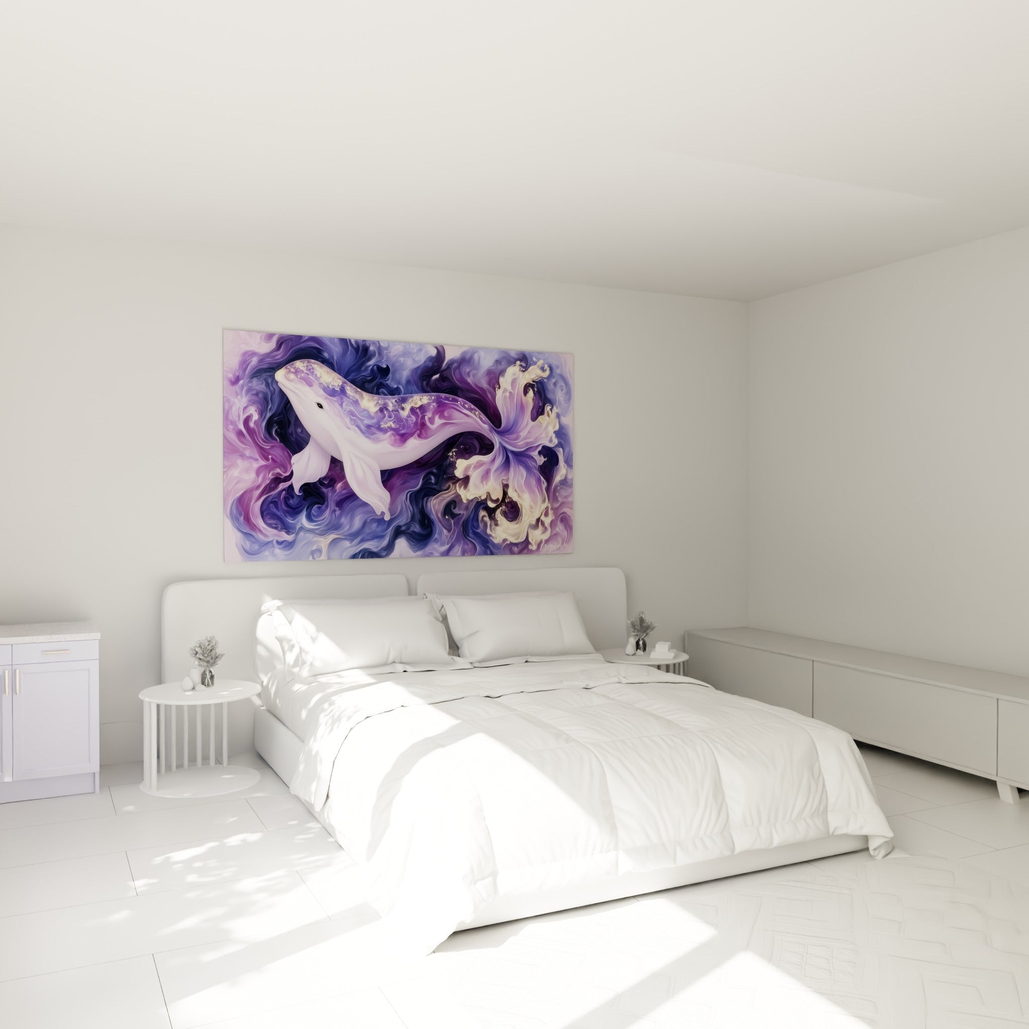 Créature marine violette et dorée aux courbes fluides, au-dessus d'un lit dans une chambre claire