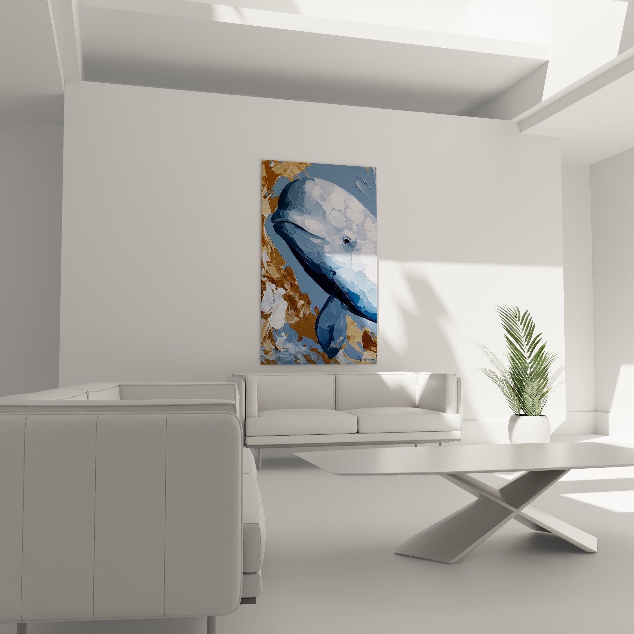 Beluga aux nageoires bleu profond et fond ocre lumineux, au-dessus d'un canapé dans un salon lumineux