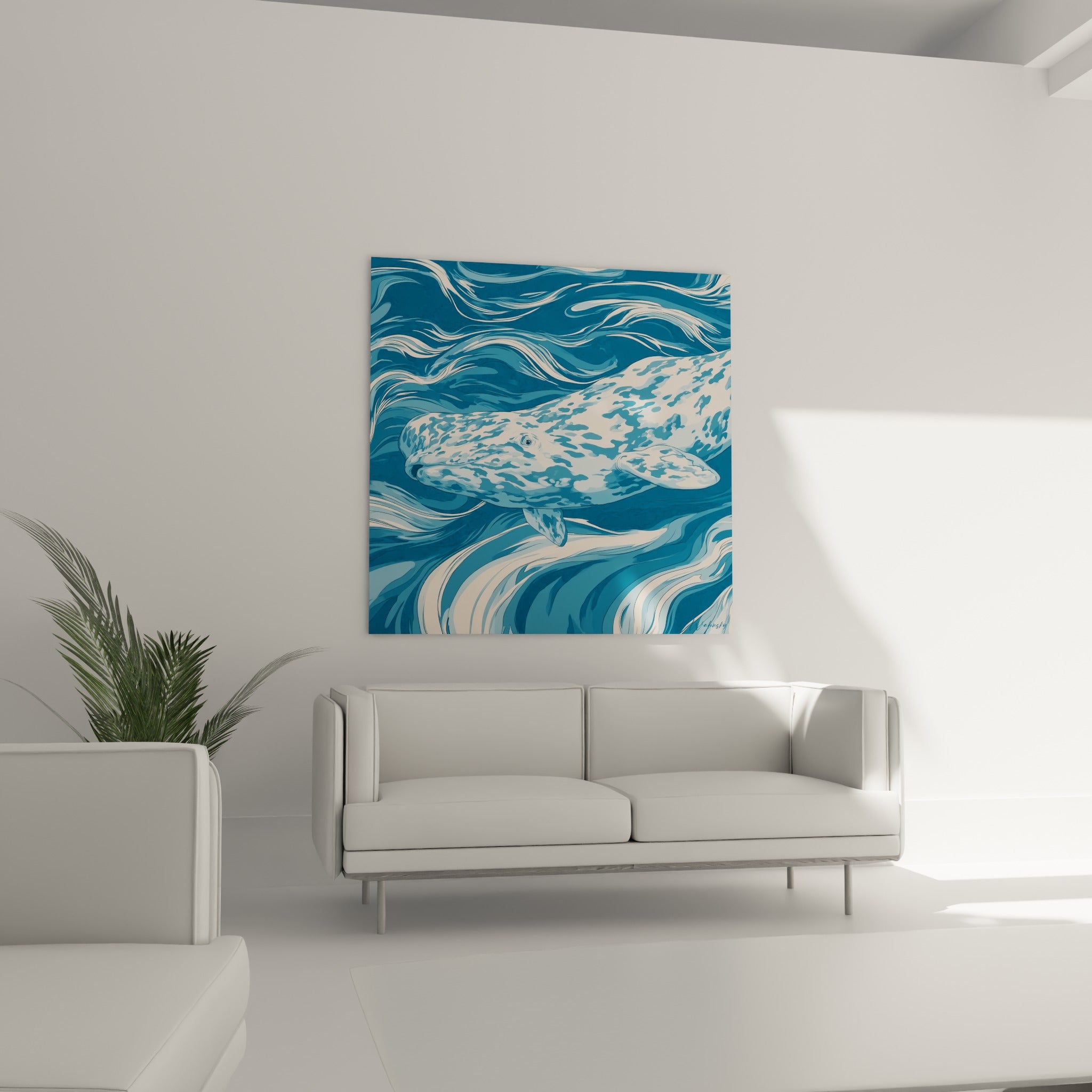 Nageoire tachetée du beluga bleu marine visible au-dessus d'un canapé dans un salon lumineux