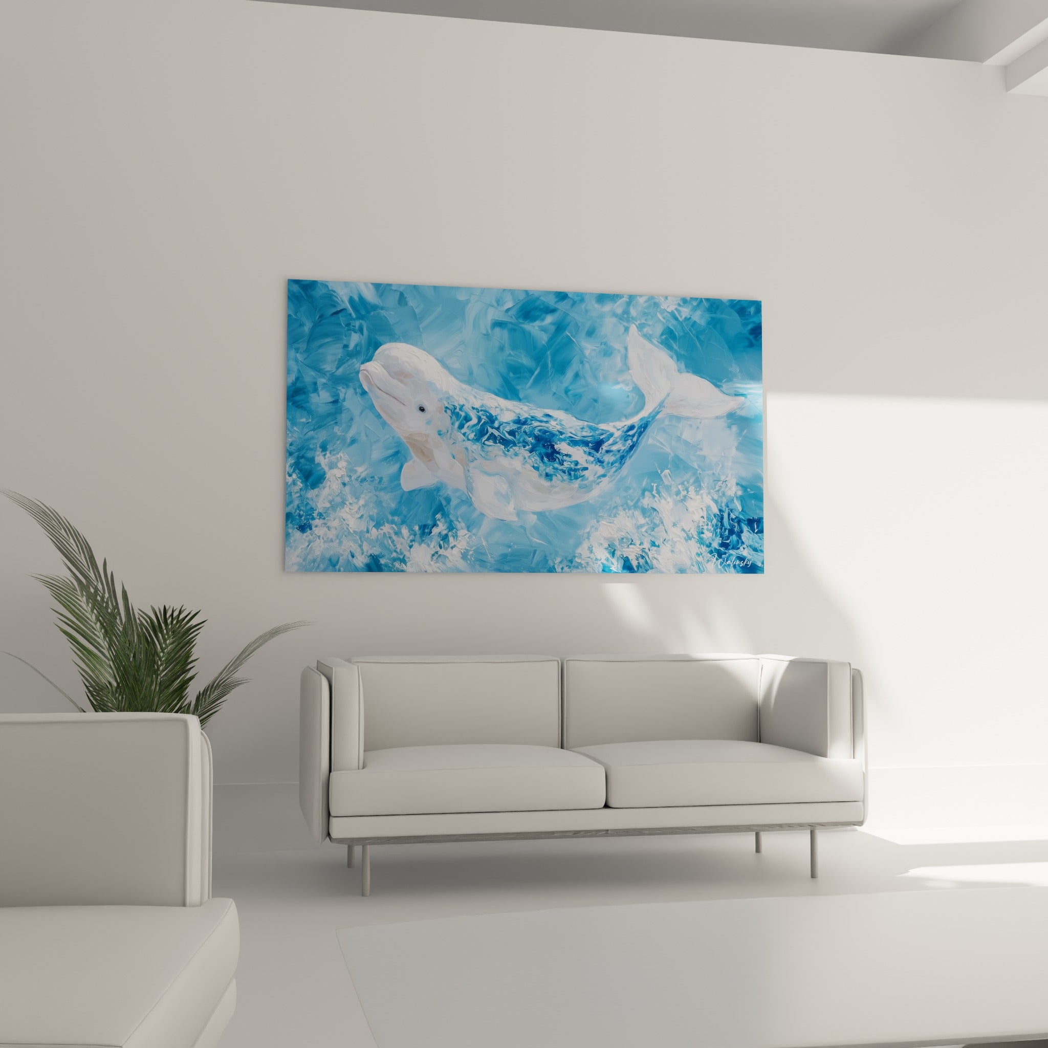 Nageoire caudale blanche du beluga se détachant sur fond bleu turquoise, au-dessus d'un canapé dans un salon lumineux