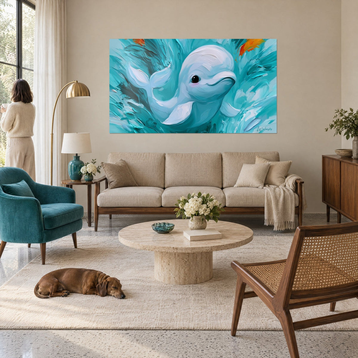 Quadro di una balena beluga bianca dal sorriso malizioso su sfondo turchese, riflessi arancioni, appeso sopra un divano in un soggiorno luminoso