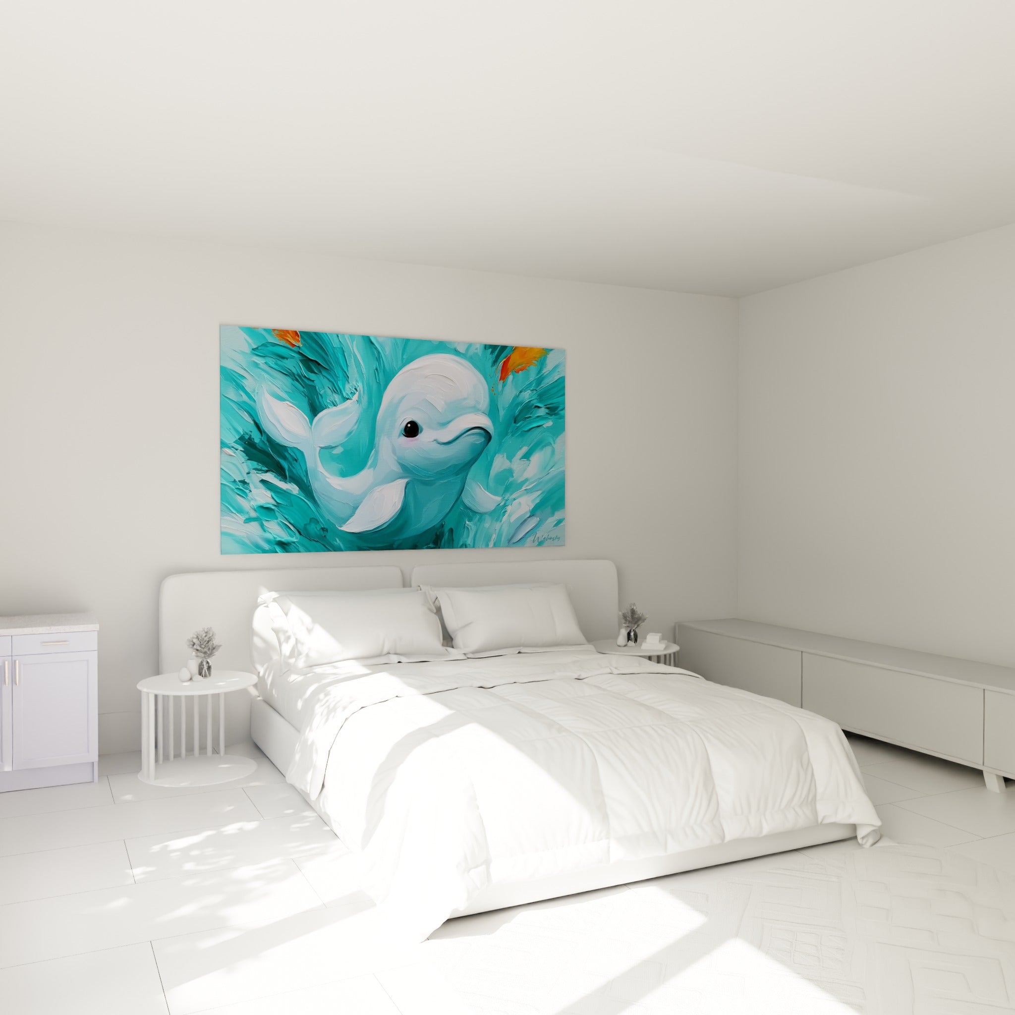 Jeune béluga blanc et turquoise au regard attendrissant, au-dessus d'un lit dans une chambre claire