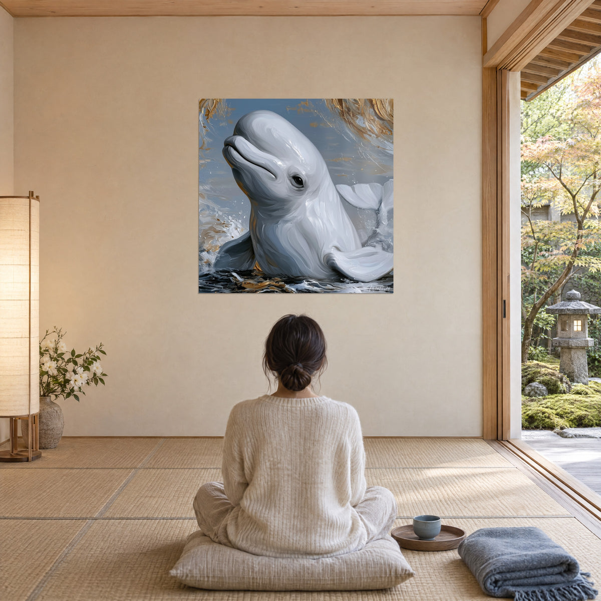 Tableau cétacé arctique blanc et or dressé hors de l'eau, nageoires ouvertes, face à une femme de dos assise sur un coussin
