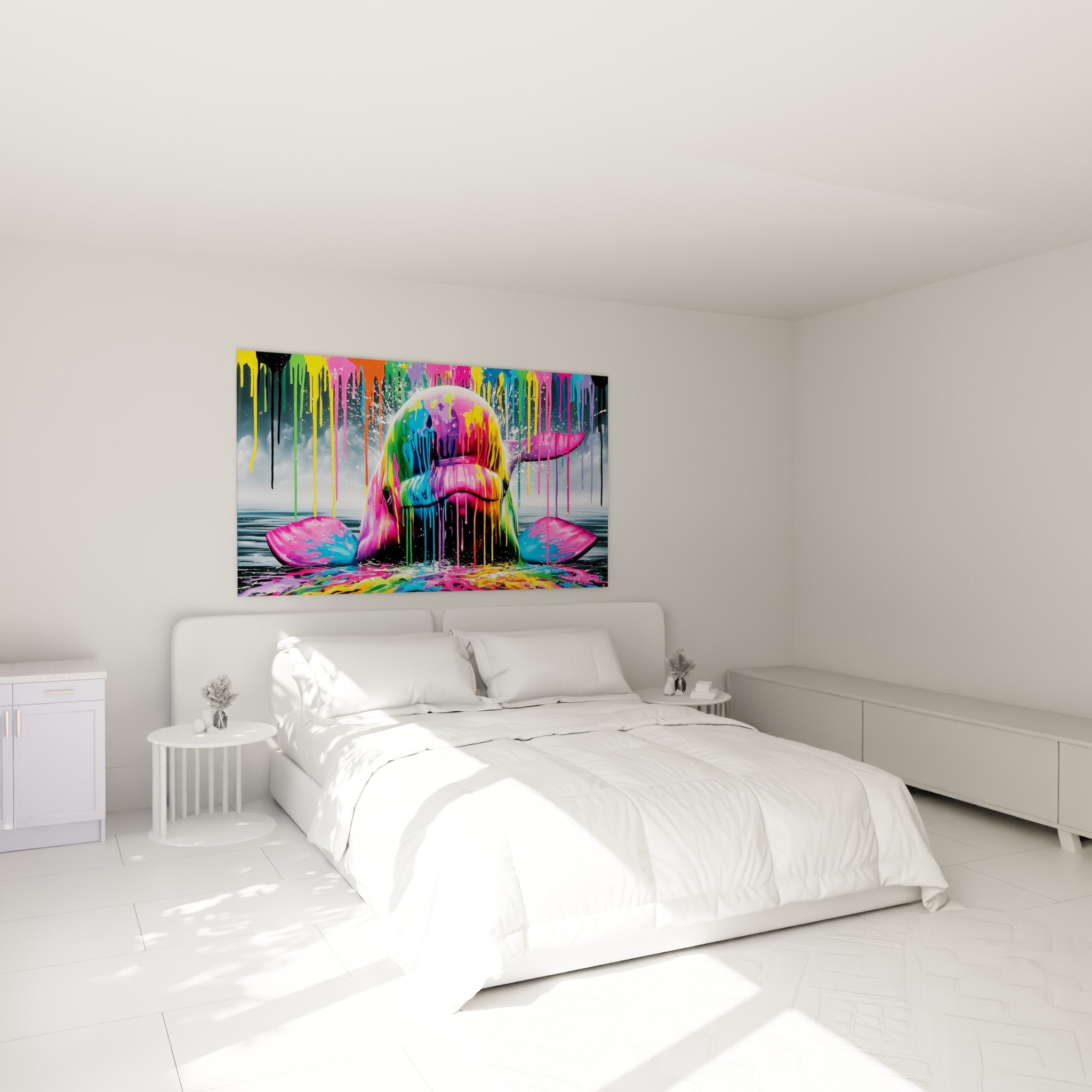 Nageoires fuchsia et corps dégoulinant de couleurs du beluga, au-dessus d'un lit dans une chambre claire
