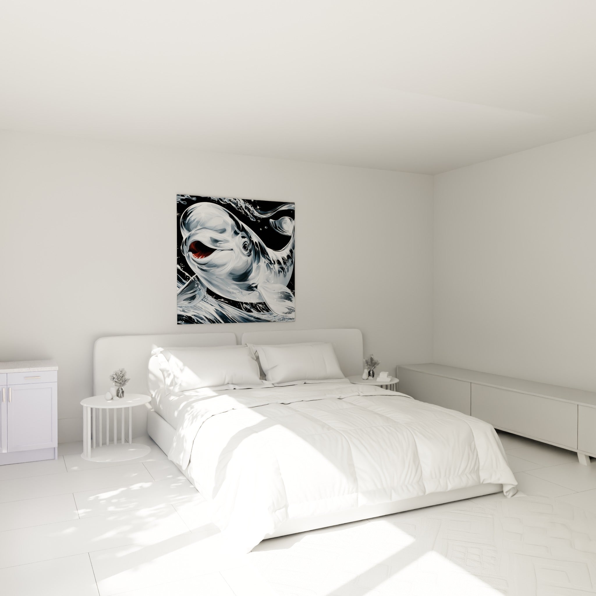 Bête marine blanche et noire à gueule écarlate au-dessus d'un lit dans une chambre claire