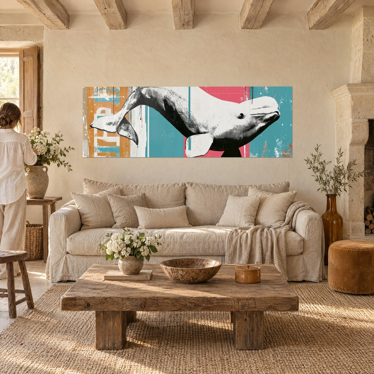 Schilderij witte beluga die duikt, zeefdruk op roze en petrolblauwe achtergrond, versleten oranje strepen, boven een bank in een lichte woonkamer