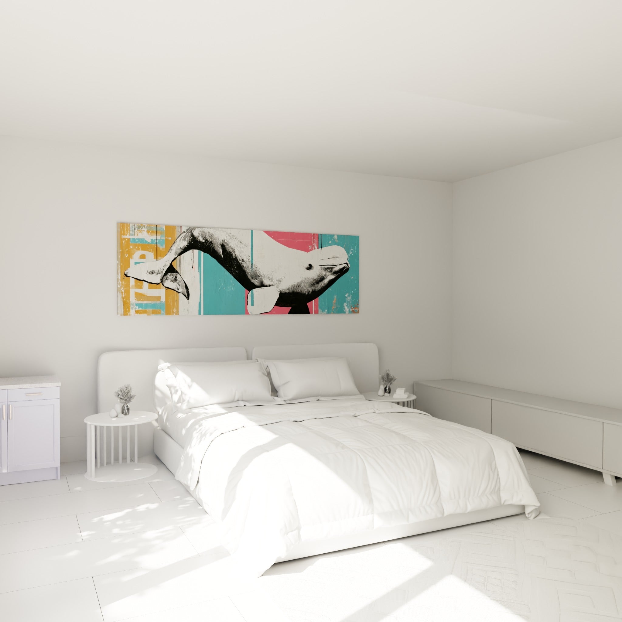 L'animal marin gris et blanc en plein saut trône au-dessus d'un lit dans une chambre claire