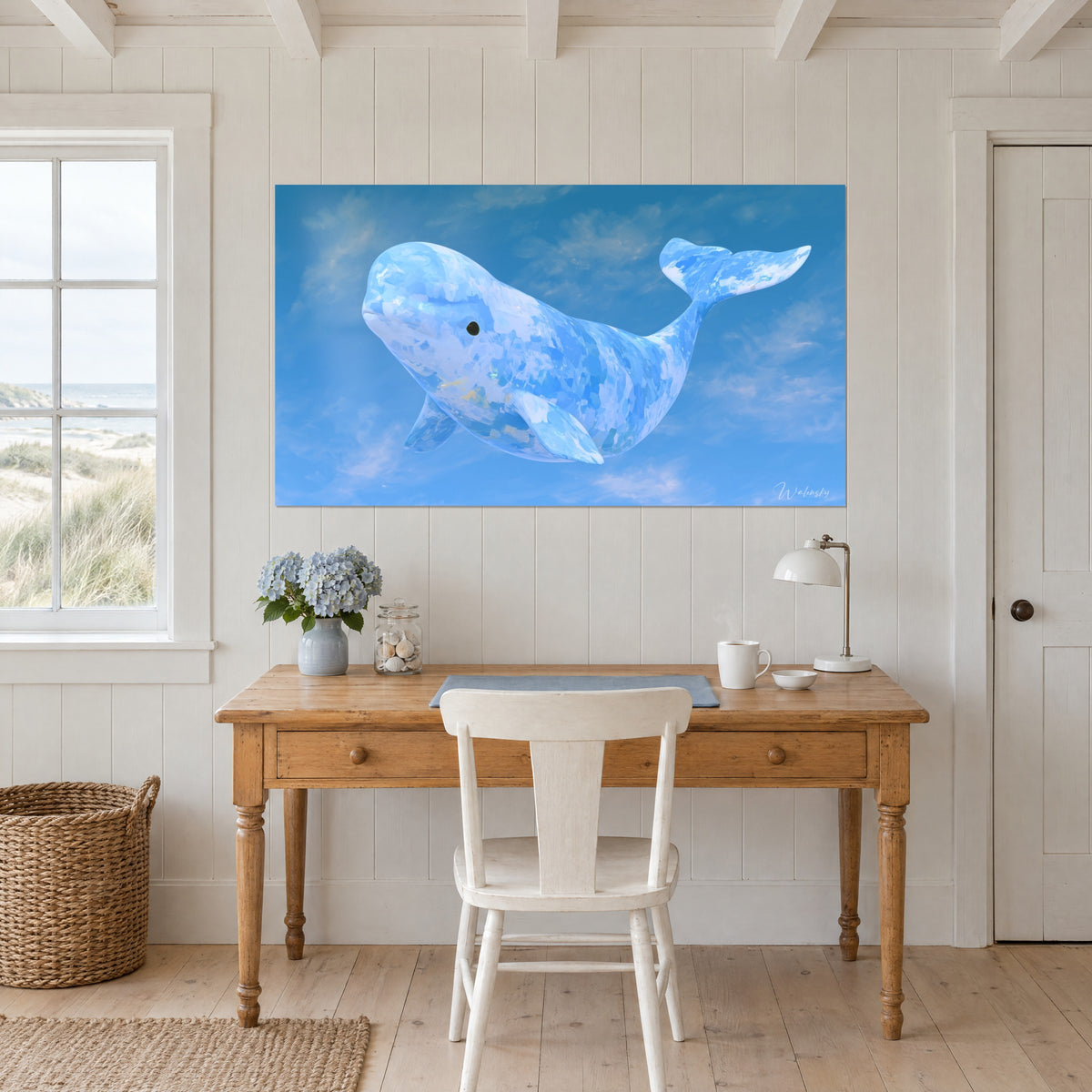 Tableau beluga translucide aux touches azur et ivoire, nuages vaporeux, surplombant un bureau en bois clair avec lampe blanche et chaise d'écolier