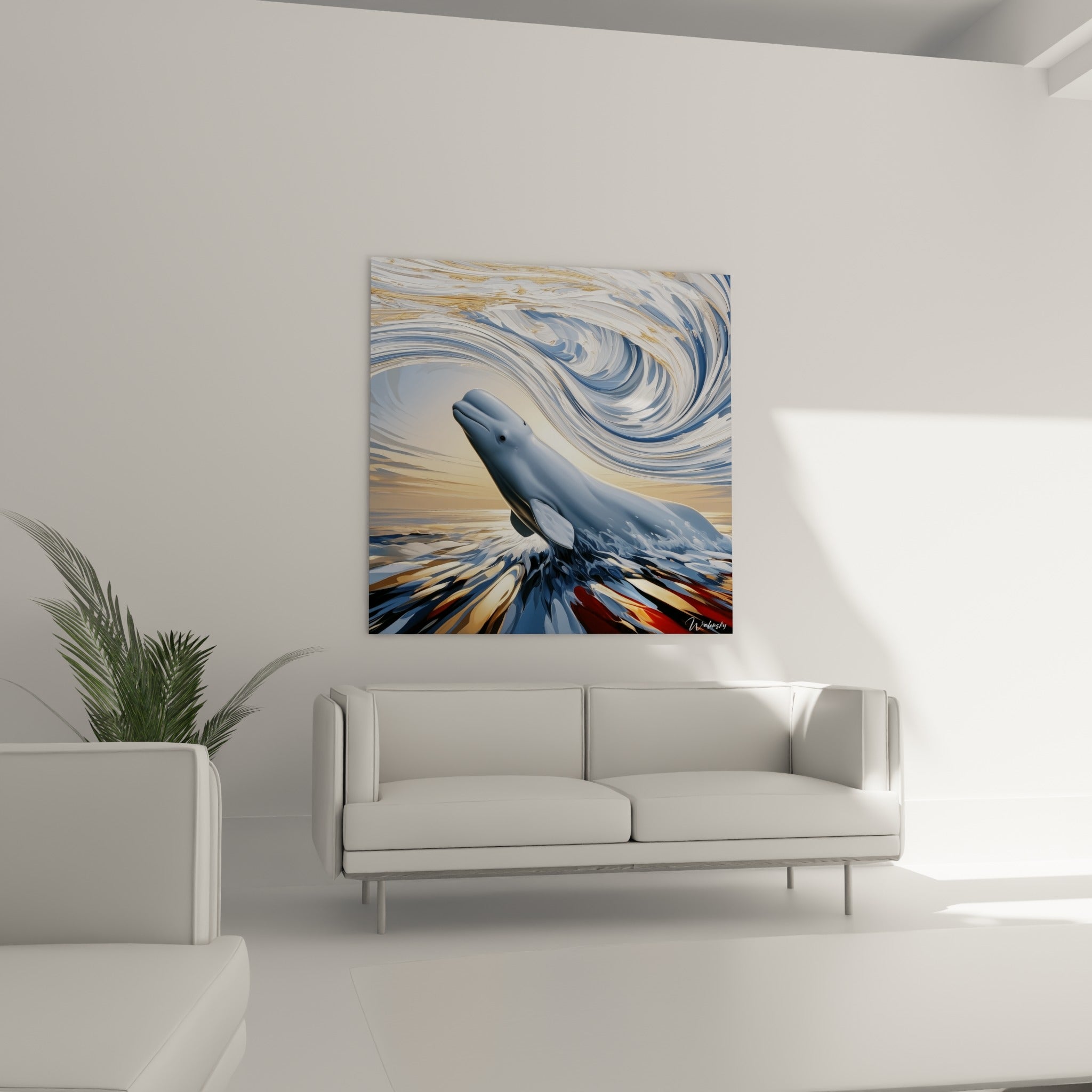 Mammifère marin gris bleuté entouré de vagues stylisées au-dessus d'un canapé dans un salon lumineux