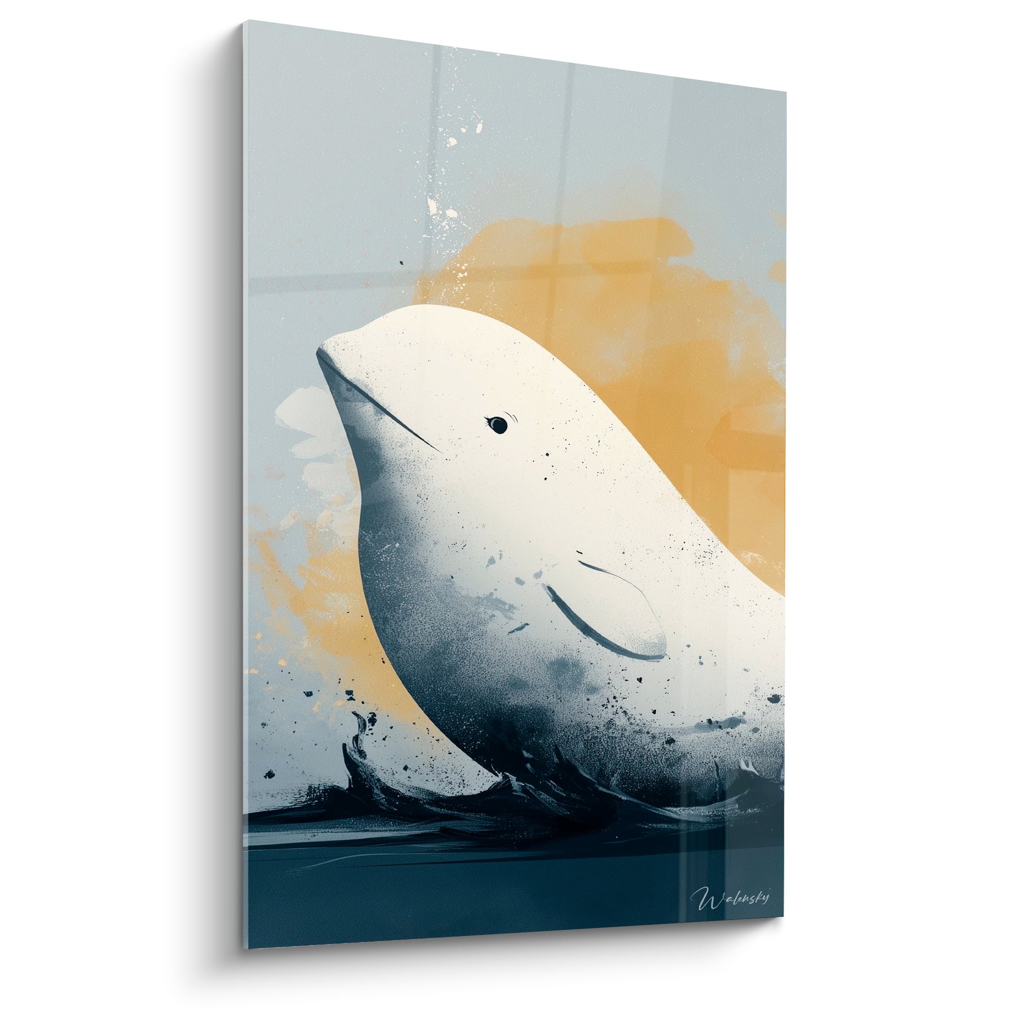 Beluga blanc crème émergeant d'éclaboussures ocre et grises, style peinture texturée