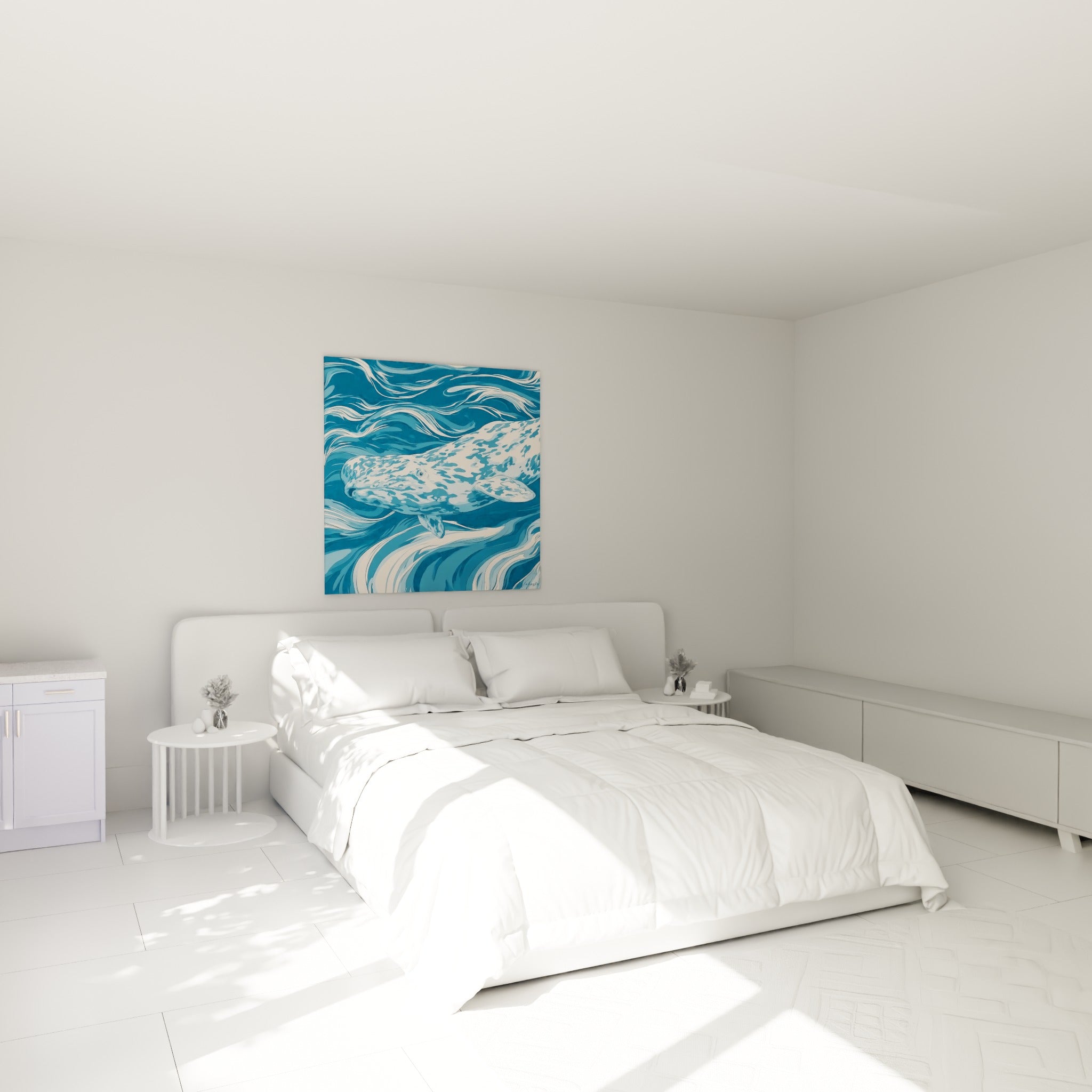 Silhouette de beluga ivoire et bleu profond accrochée au-dessus d'un lit dans une chambre claire