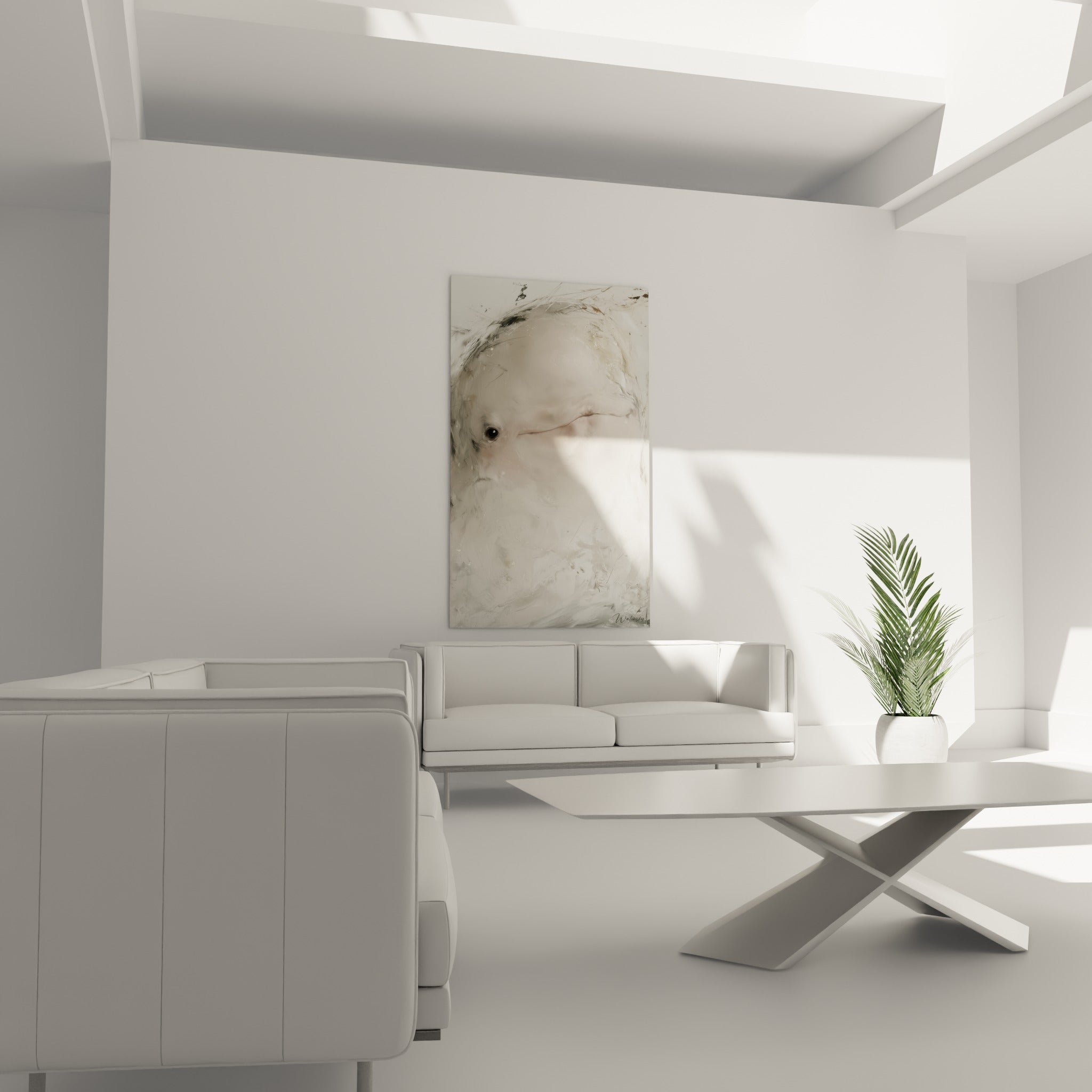 Beluga estompé aux nuances anthracite et ocre doré, au-dessus d'un canapé dans un salon lumineux