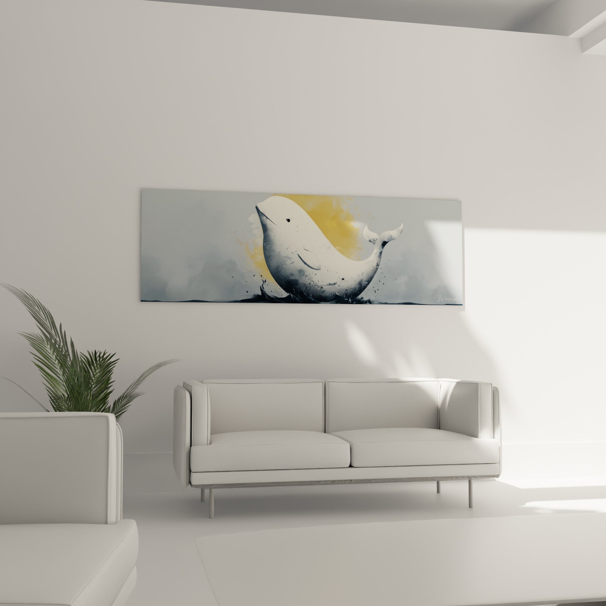 Beluga doré et gris flottant au-dessus d'un canapé dans un salon lumineux