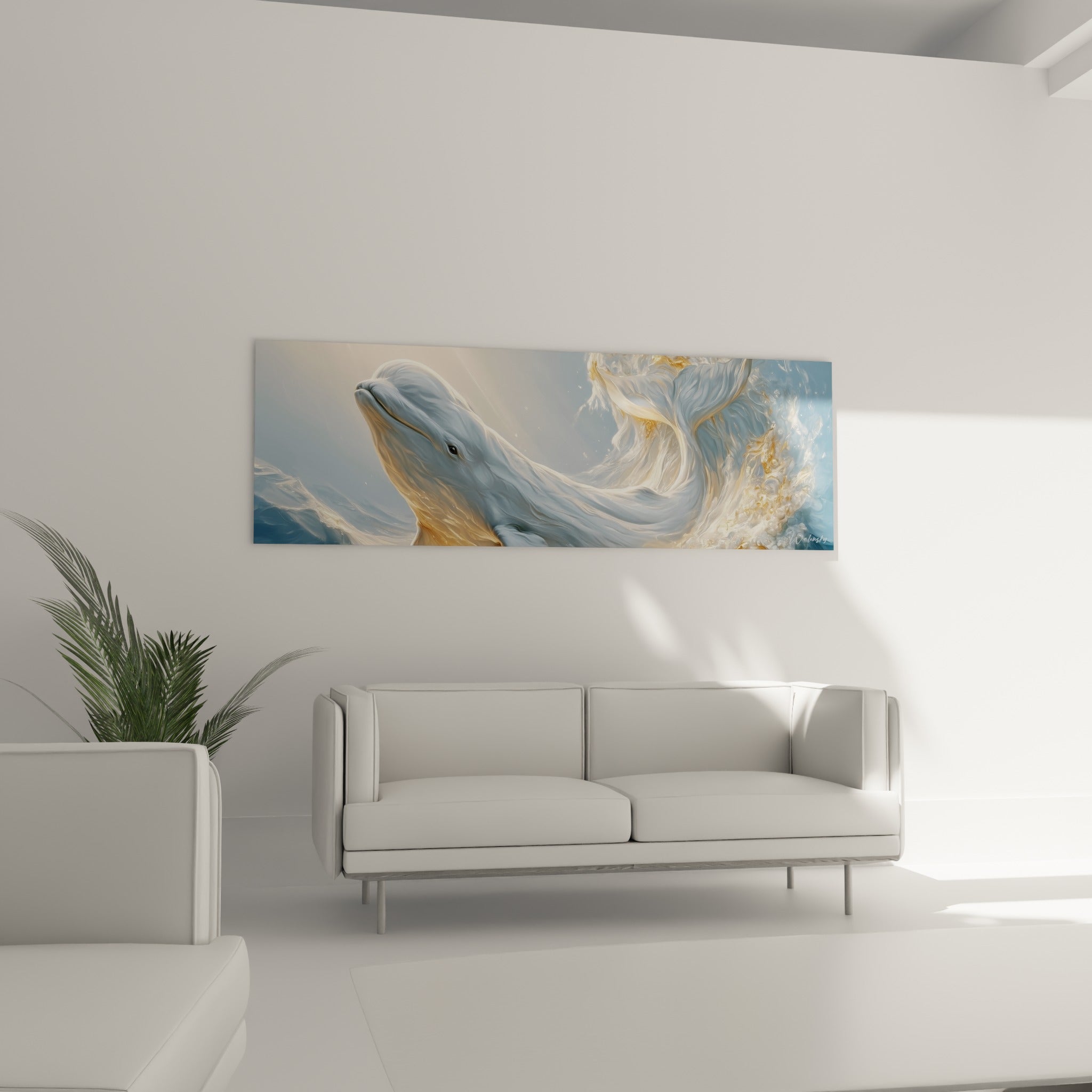 Beluga aux reflets ocre glissant dans une vague bleu pastel, au-dessus d'un canapé dans un salon lumineux