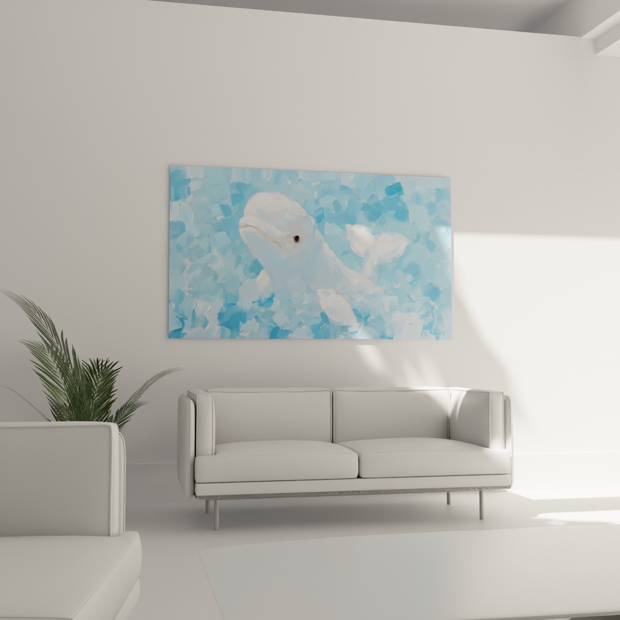 Œil sombre du beluga contrastant avec un fond bleu turquoise, au-dessus d'un canapé dans un salon lumineux