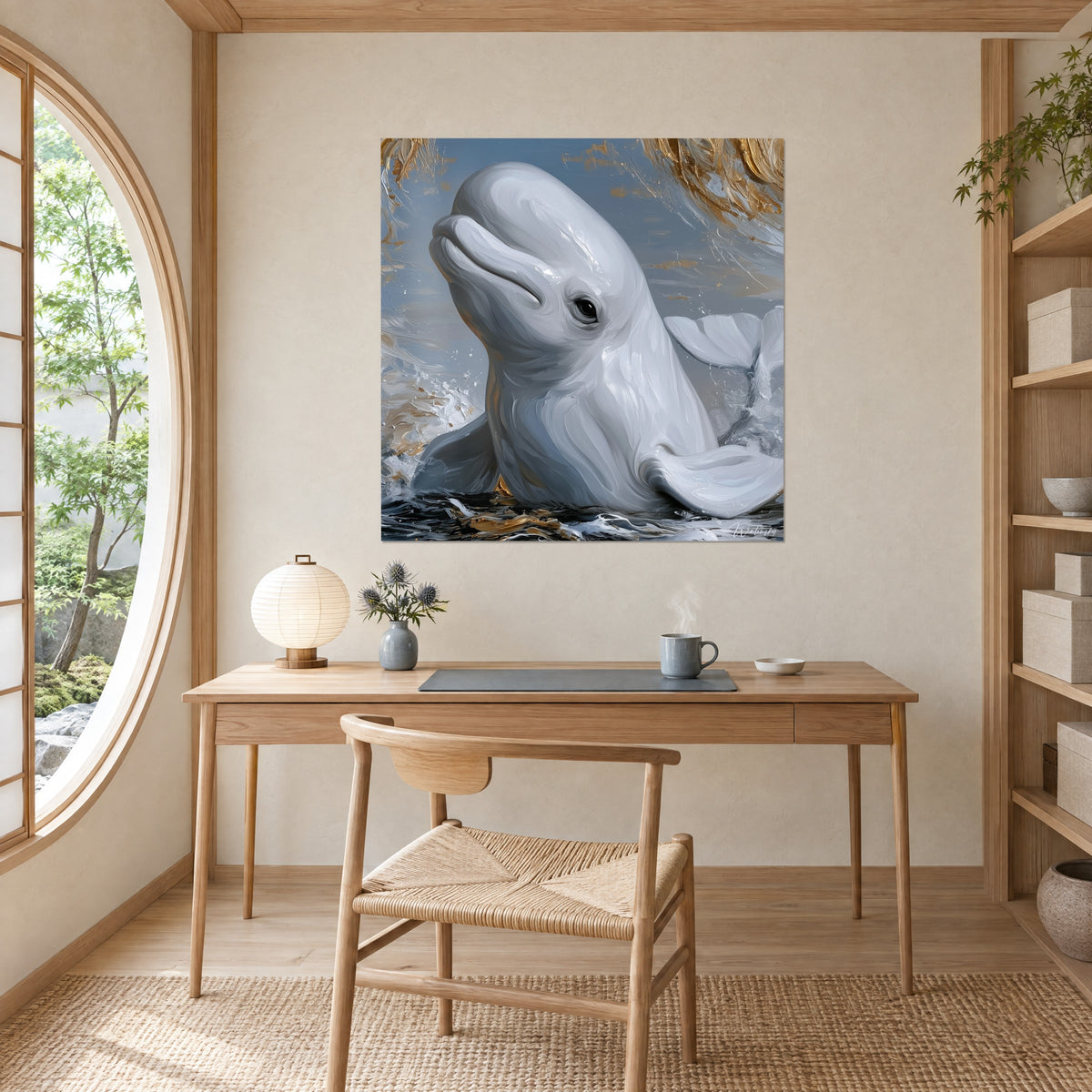 Tableau Beluga émergeant des flots, peau blanche lissée, éclats d'or et gris bleuté, sur le mur d'un bureau en bois clair