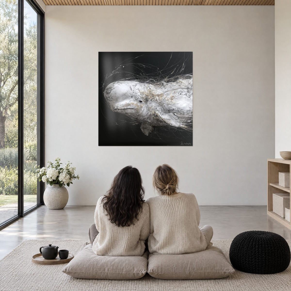 Schilderij lachende beluga, witte huid gemarmerd met grijs en gouden poeder op zwarte achtergrond, bekeken door twee zittende vrouwen