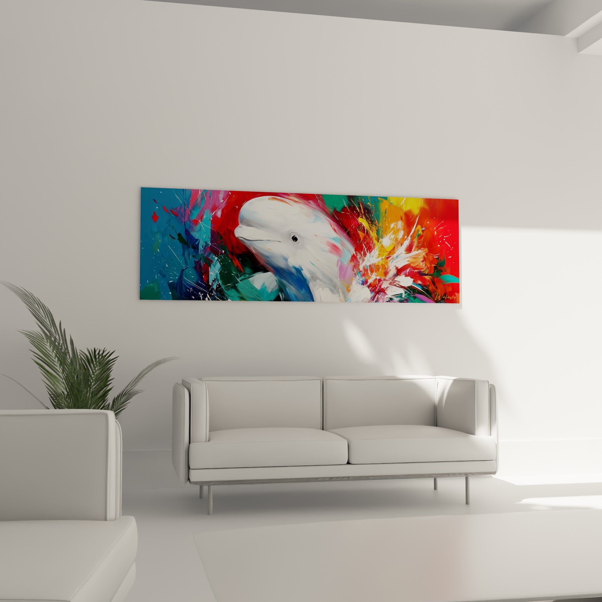 Portrait de beluga aux tons bleus et rouges vifs, suspendu au-dessus d'un canapé dans un salon lumineux