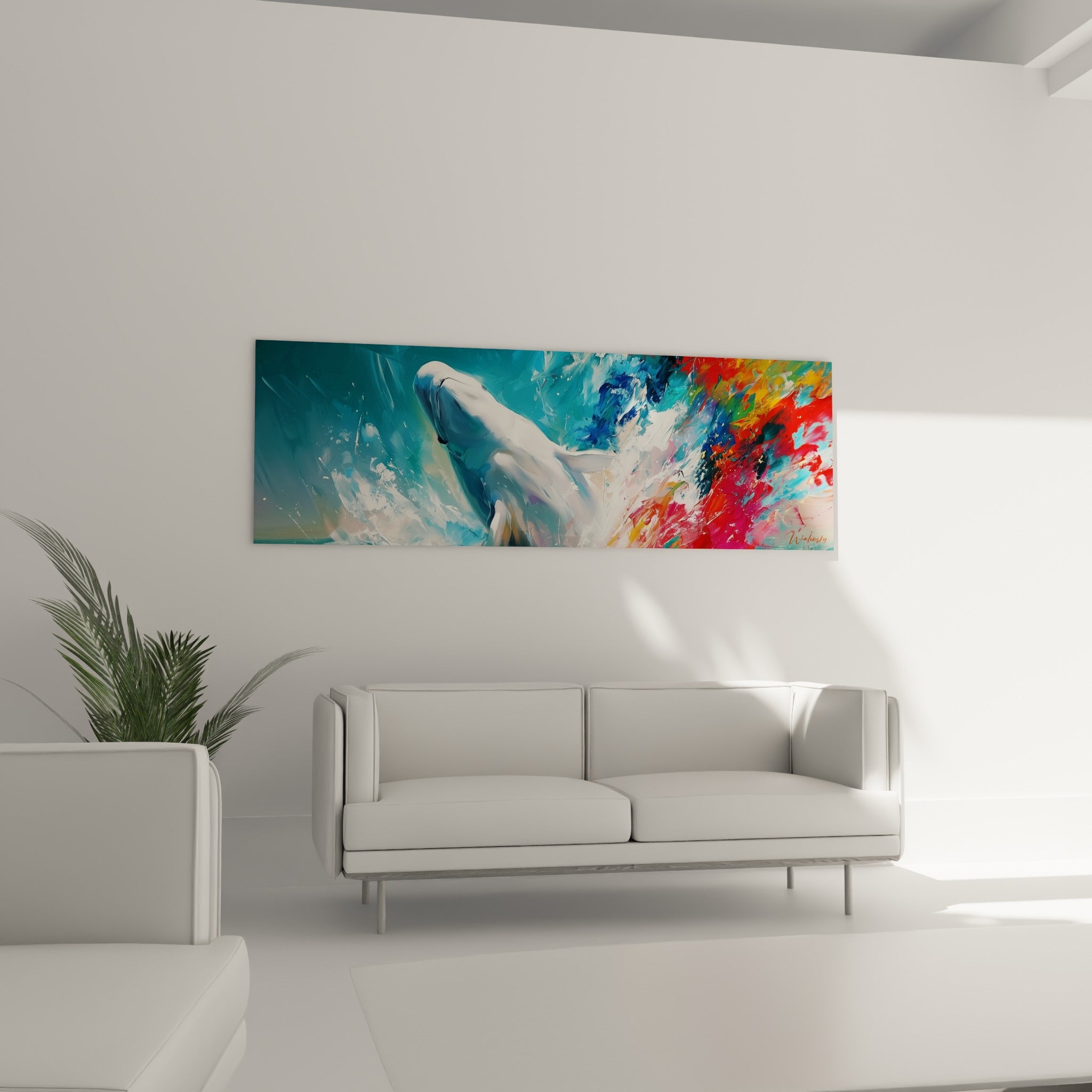 Animal blanc nacré entouré d'orangé et de turquoise vif, positionné au-dessus d'un canapé dans un salon lumineux