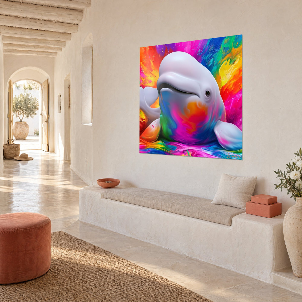 Quadro di una balena bianca dalla fronte tonda, schizzi rosa vivo e giallo limone, appeso a una parete bianca intonacata, vista di tre quarti