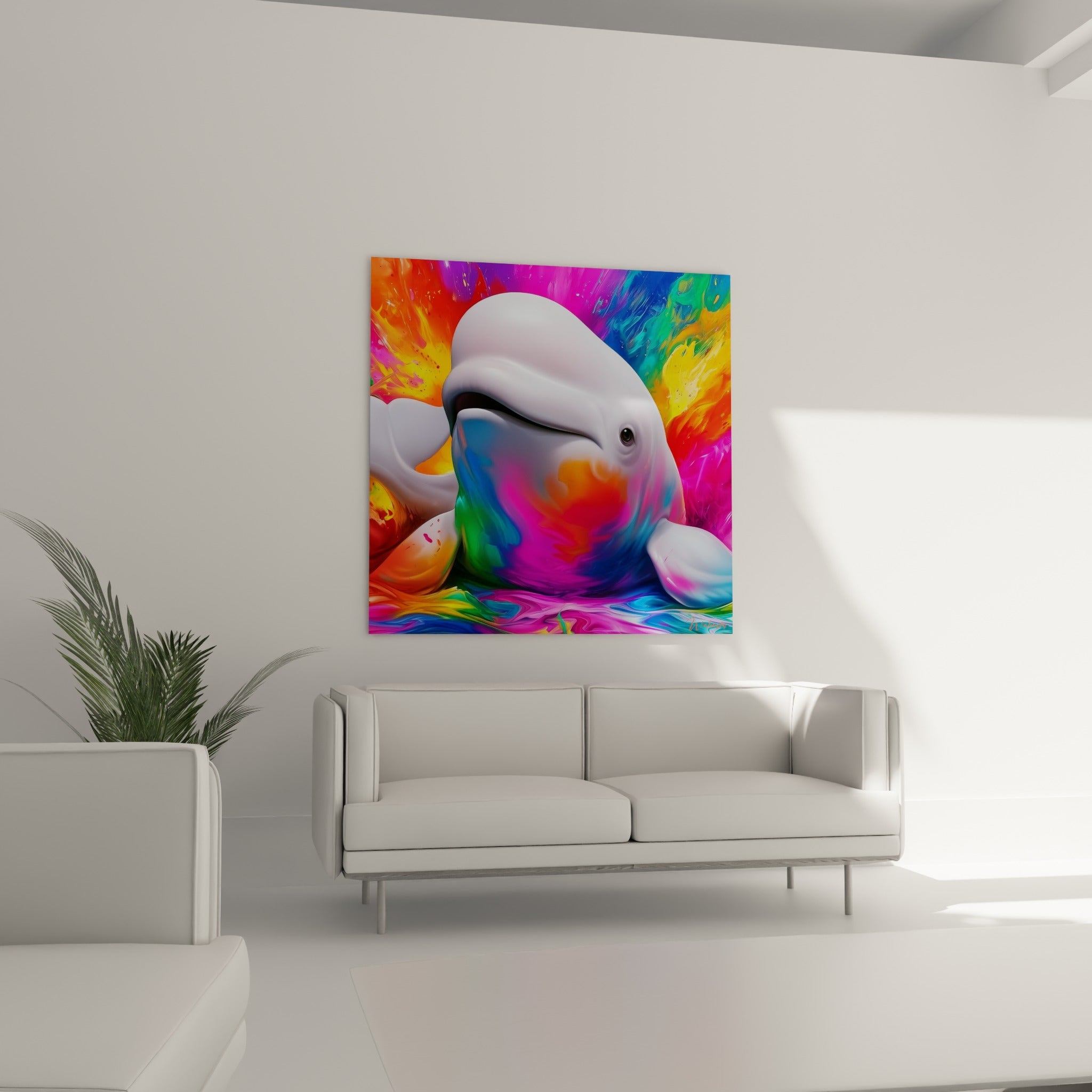 Visage de beluga entouré de coulures orangées et violettes, suspendu au-dessus d'un canapé dans un salon lumineux