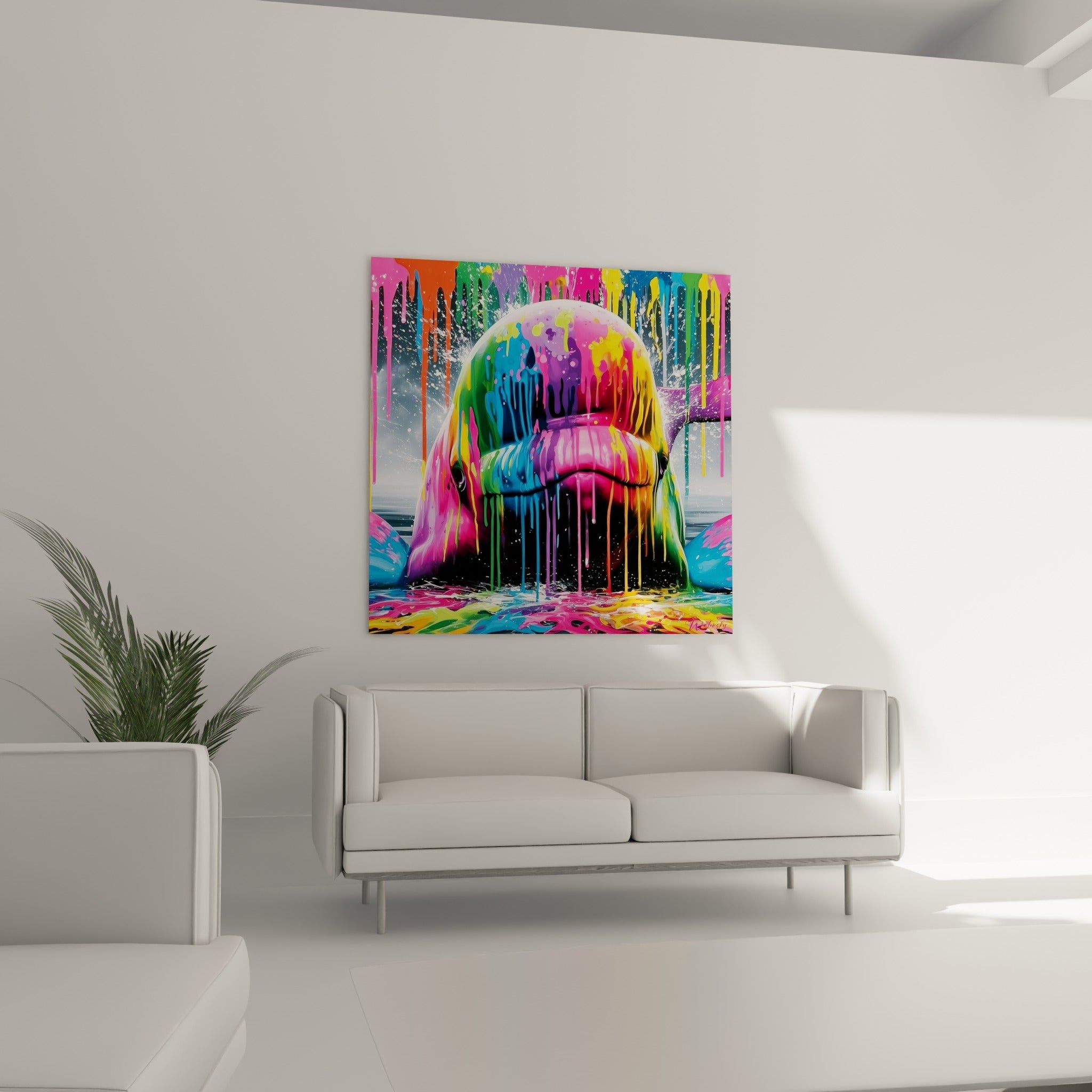 Baleine blanche éclaboussée de peinture orange et violette, suspendue au-dessus d'un canapé dans un salon lumineux