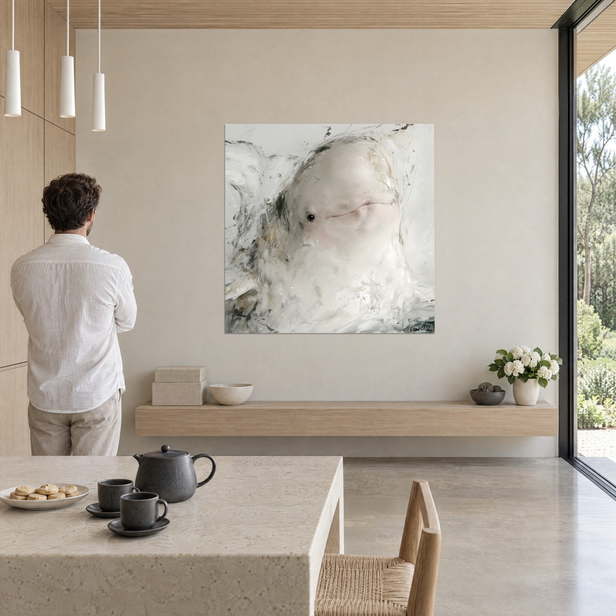 Schilderij portret van een beluga in lichtroze en wit, zwarte spatten, warme houten lambrisering, een man met zijn rug in een eetkamer