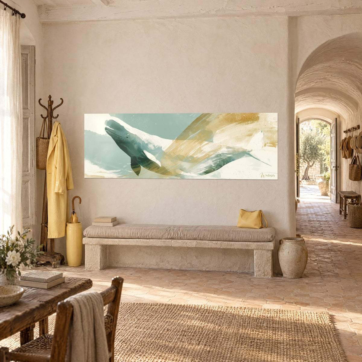 Schilderij van een witte walvis met slanke vinnen, penseelstreken van strogeel en zeegroen, stenen bank van een mas
