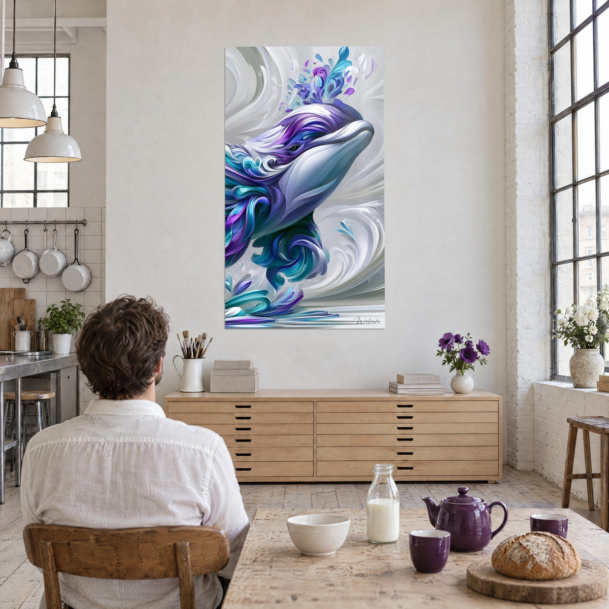 Tableau mammifère marin aux crinières violette et turquoise tourbillonnantes, œil sombre souriant, face à un homme attablé de dos