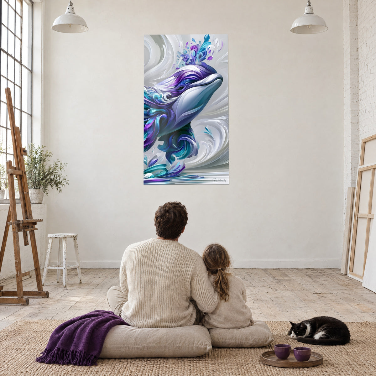 Tableau créature marine aux ondulations lilas, indigo et turquoise sur fond argenté, devant un couple de dos et un chat tuxedo