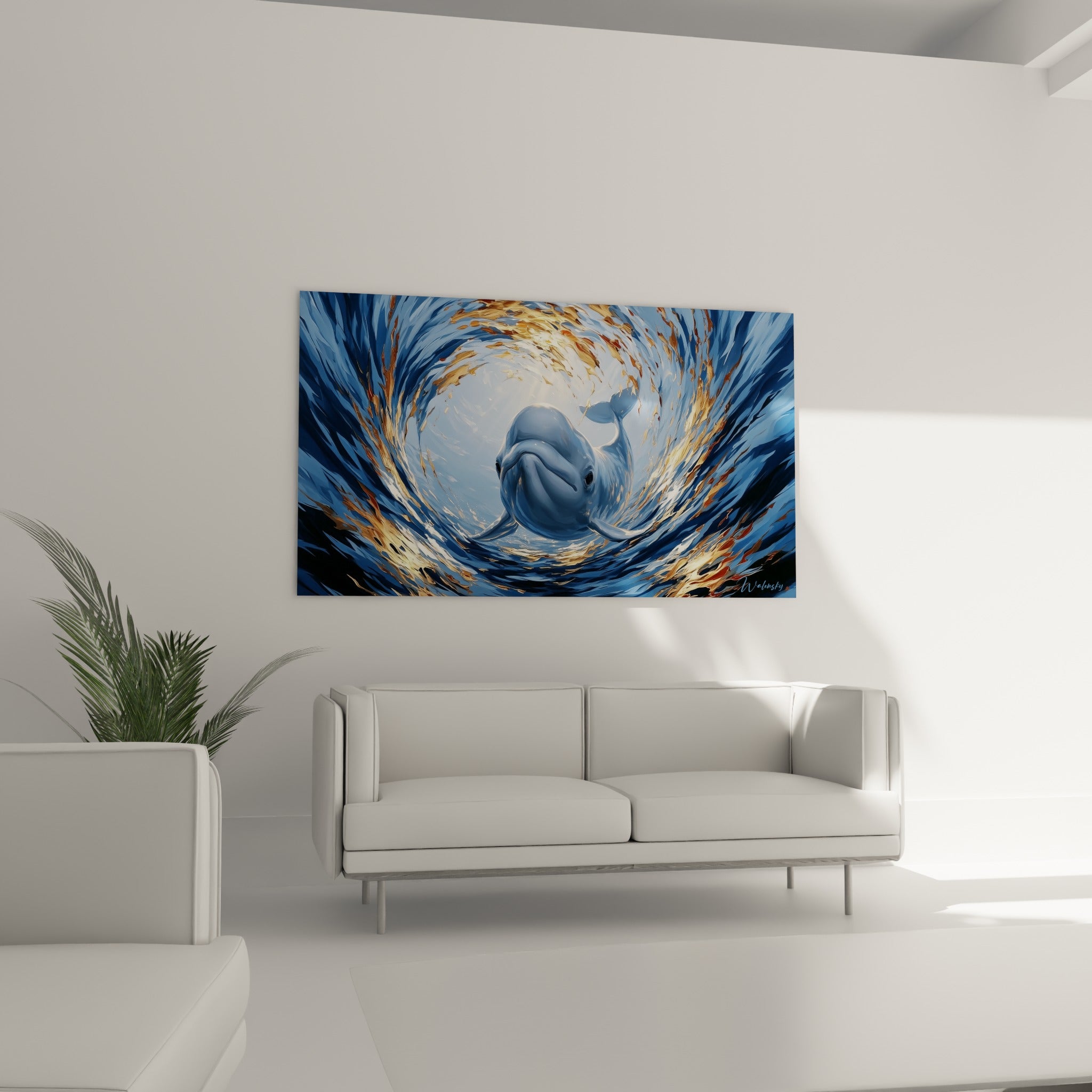 Animal marin lumineux entouré de spirales bleu marine et ambrées, au-dessus d'un canapé dans un salon lumineux