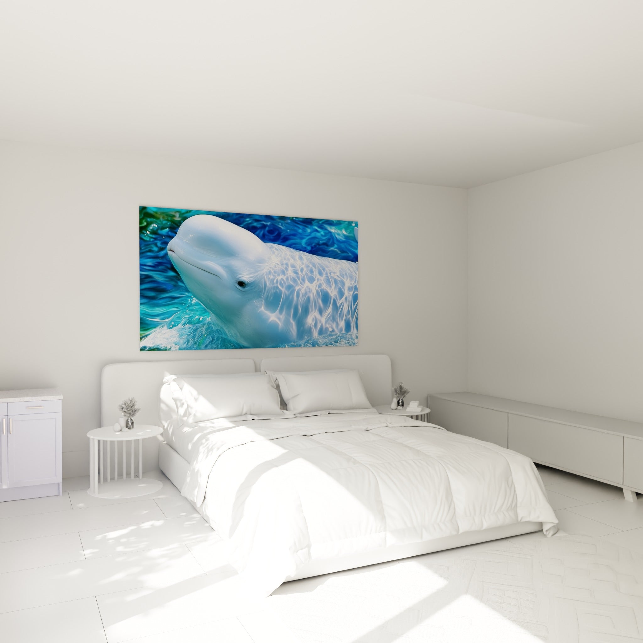 Museau blanc du beluga entouré de reflets bleus, accroché au-dessus d'un lit dans une chambre claire