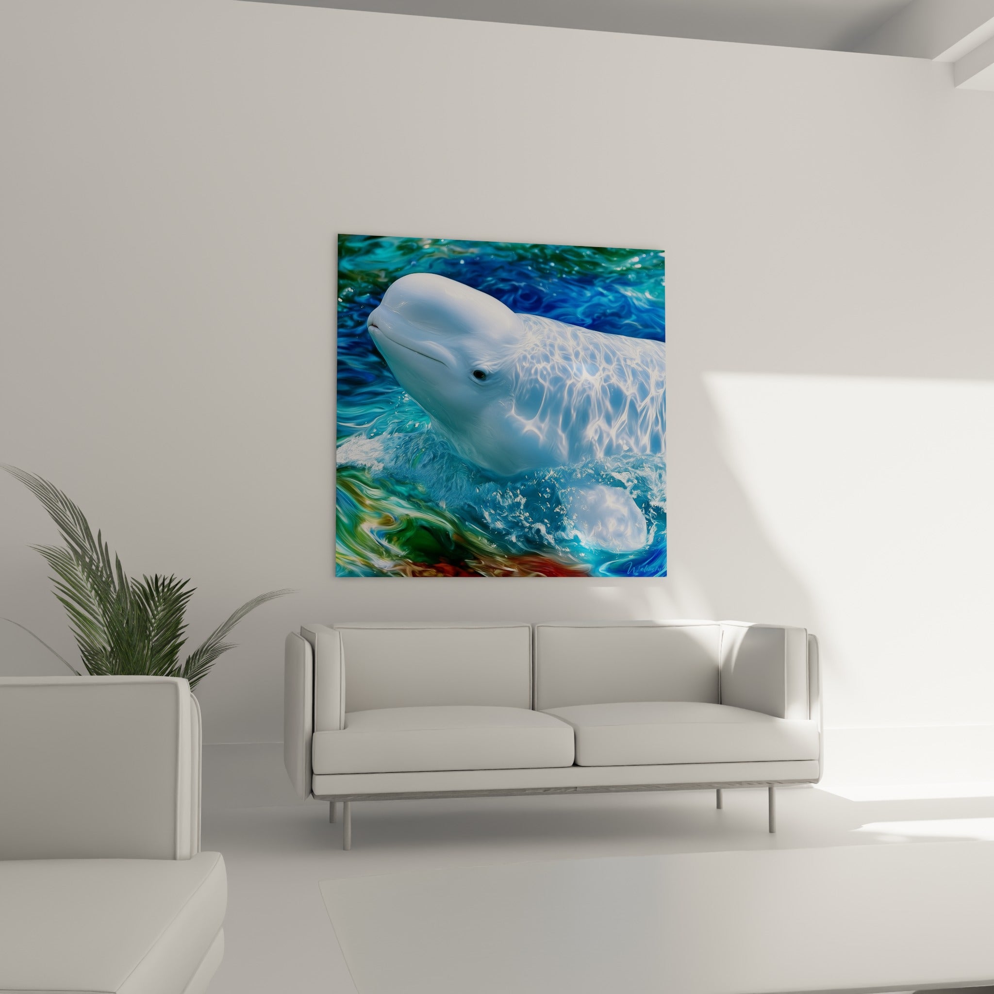 Beluga immaculé glissant dans une eau bleu profond et verte, au-dessus d'un canapé dans un salon lumineux