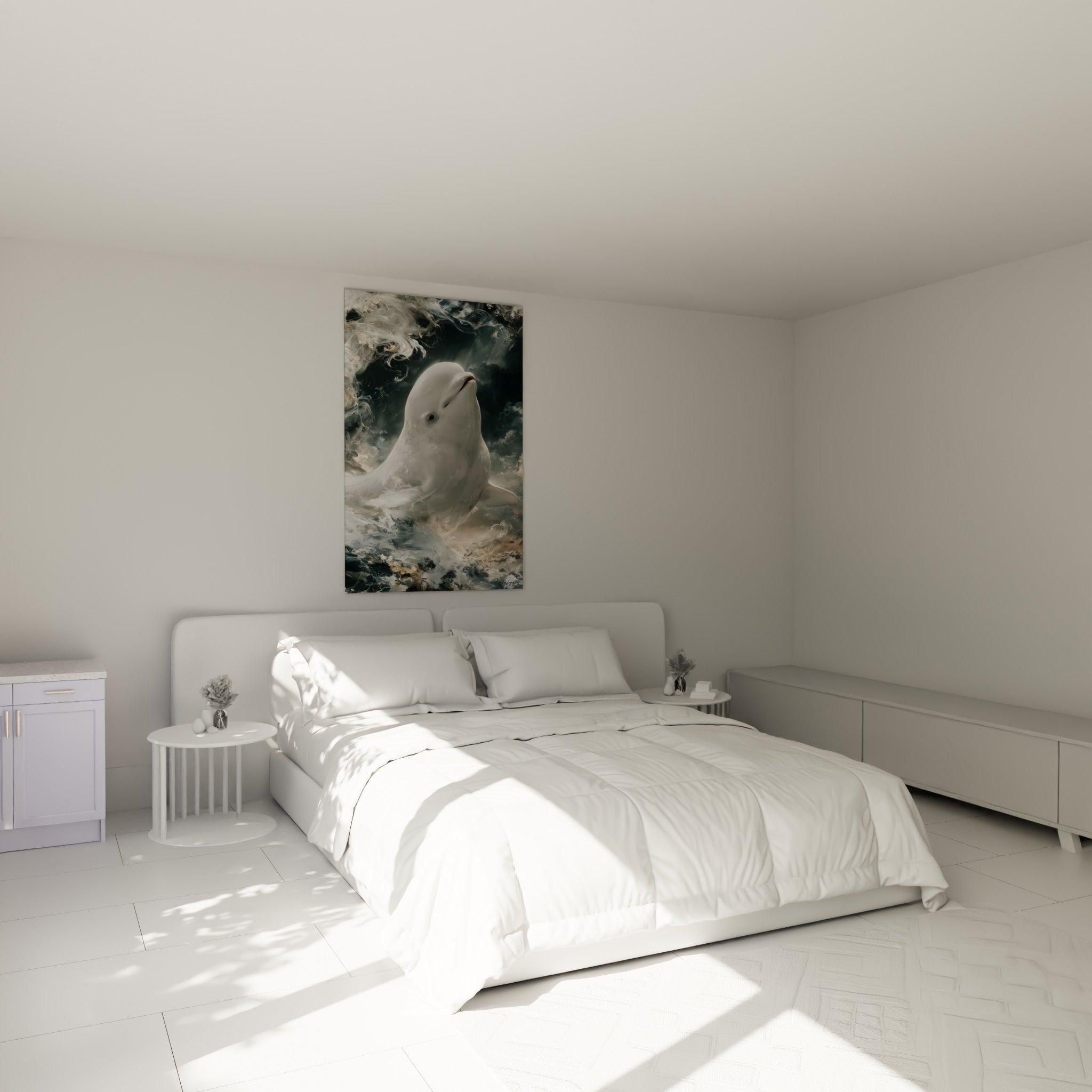 Cétacé immaculé aux reflets bleu marine et dorés, au-dessus d'un lit dans une chambre claire
