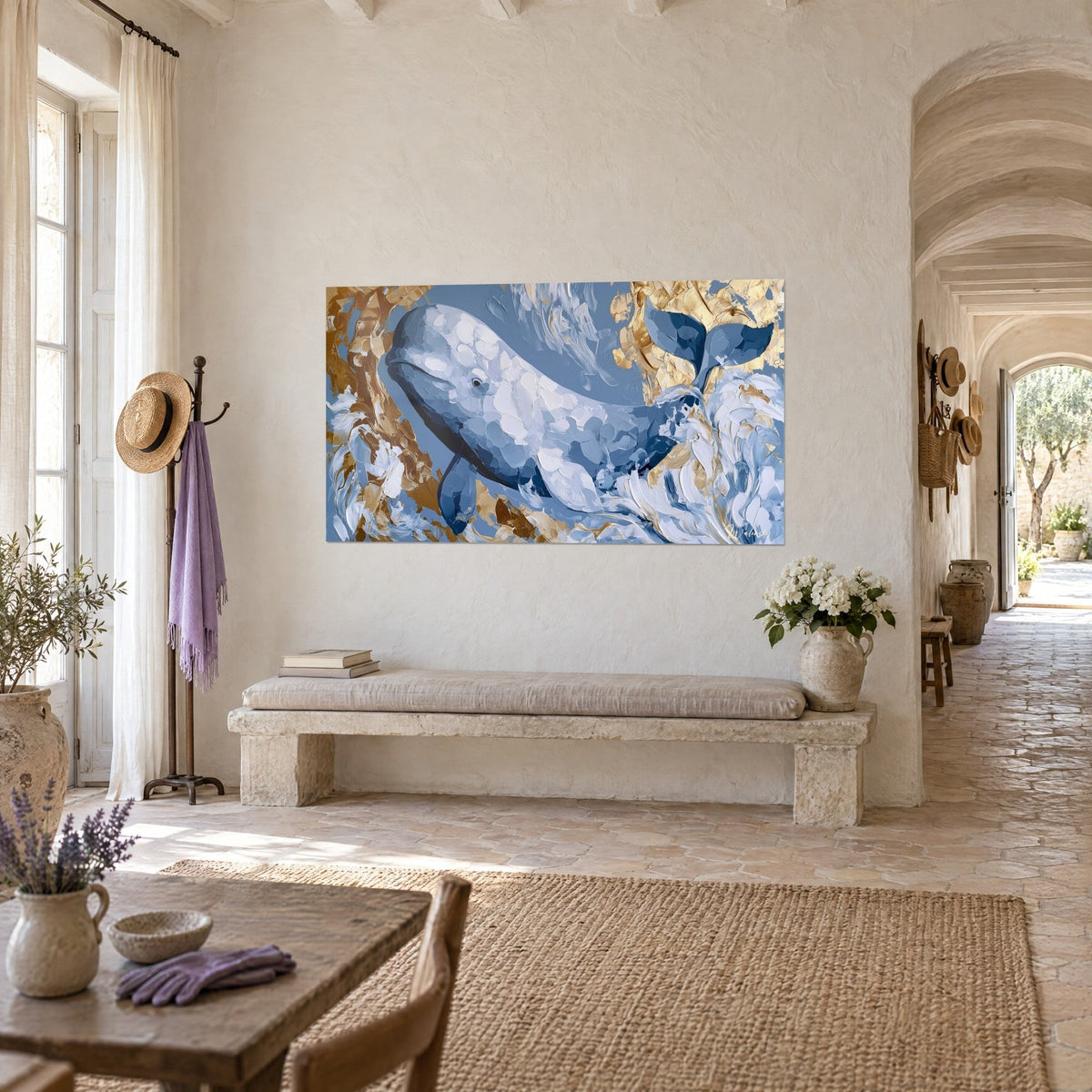 Tableau baleine blanche à la queue en éventail, couteau épais bleu ardoise et or, sur un mur crépi d'un couloir voûté provençal