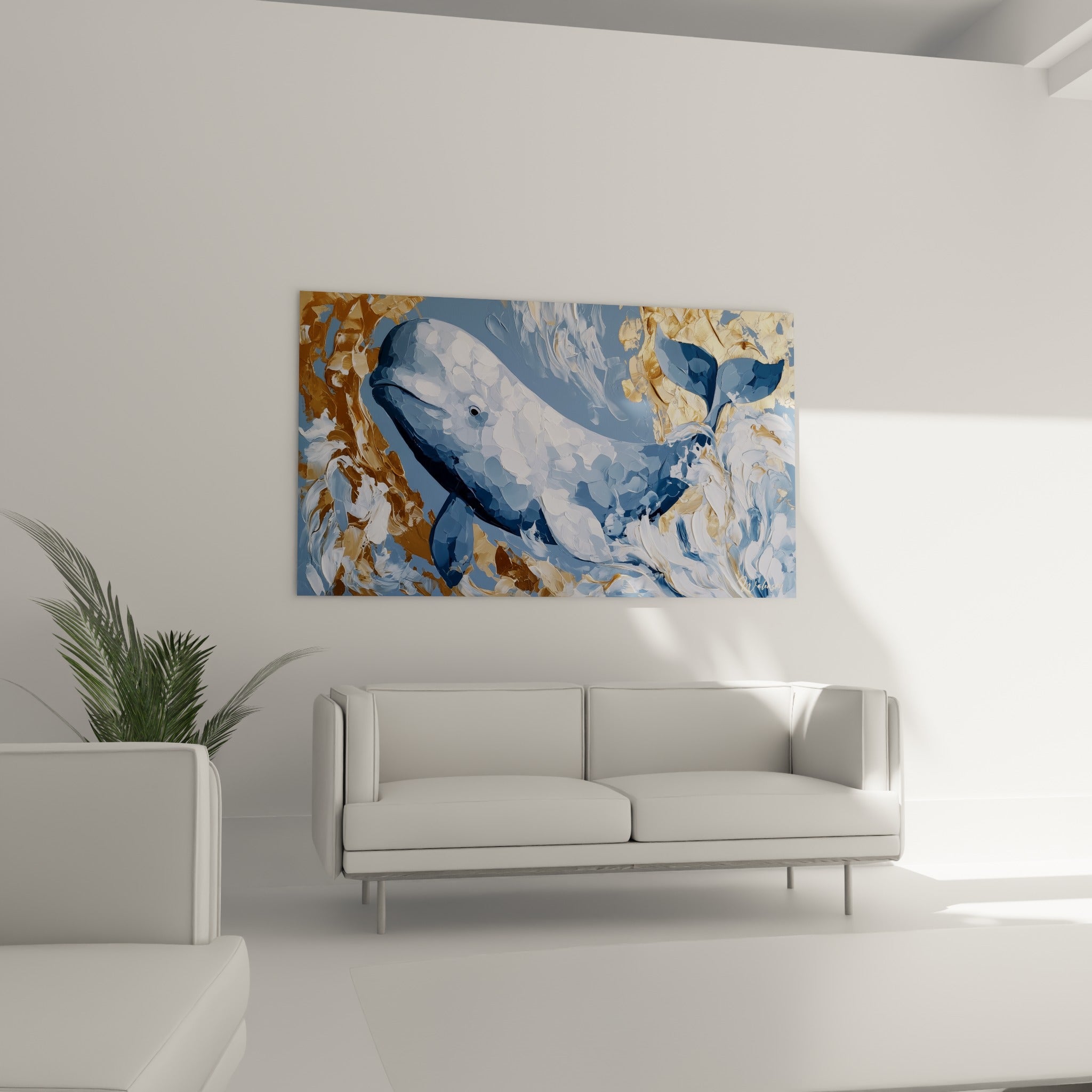 Mammifère marin bleu pastel et or, écume blanche tourbillonnante, au-dessus d'un canapé dans un salon lumineux