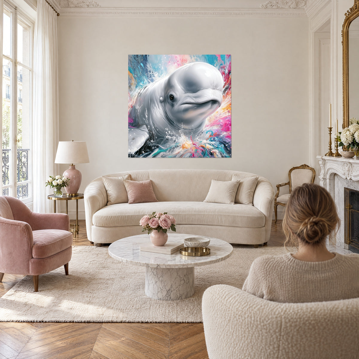 Quadro beluga dal sorriso birichino, pelle madreperlacea e schizzi turchesi e rosa, sopra un divano in un soggiorno luminoso