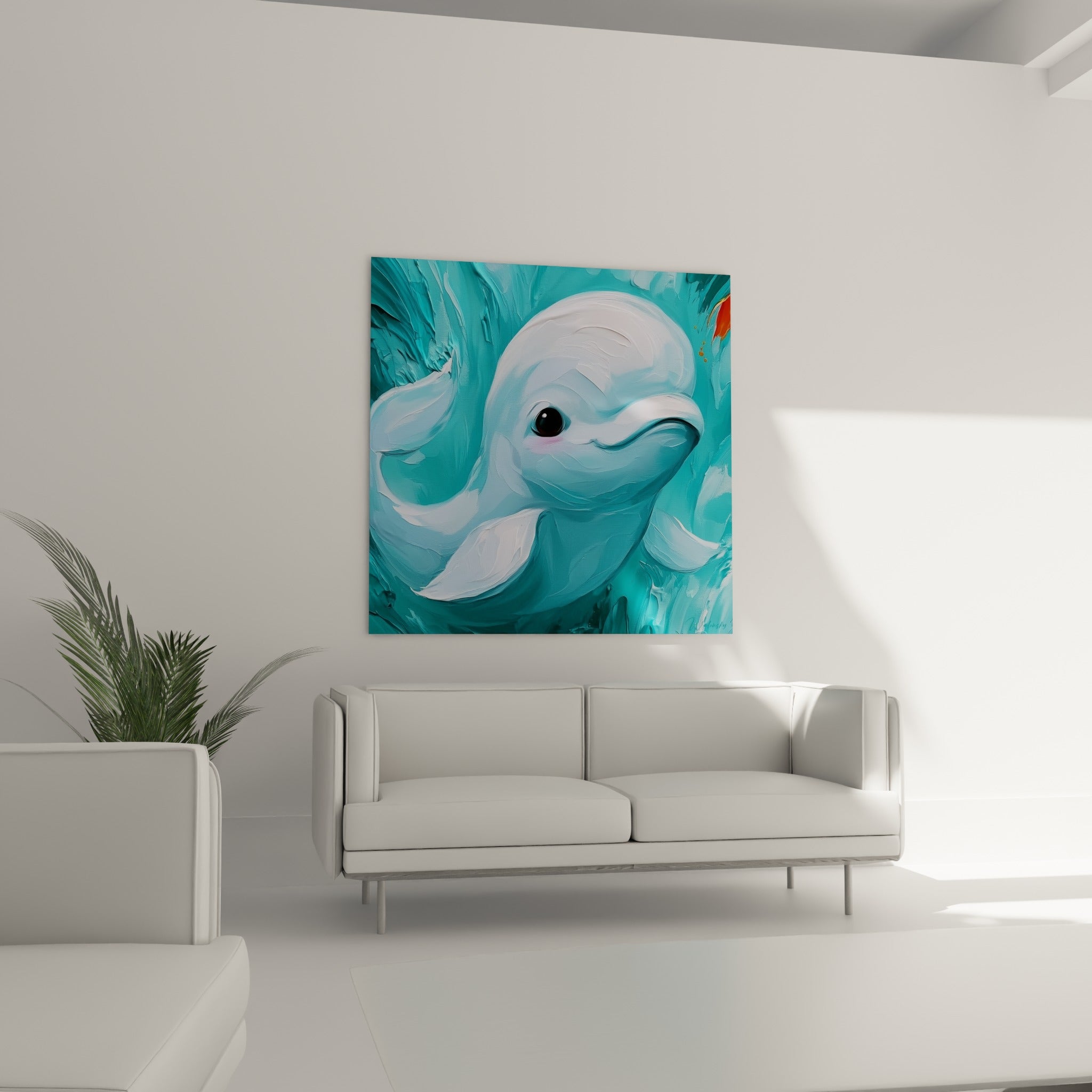 Baleine blanche aux nageoires ondulées sur fond turquoise profond, au-dessus d'un canapé dans un salon lumineux