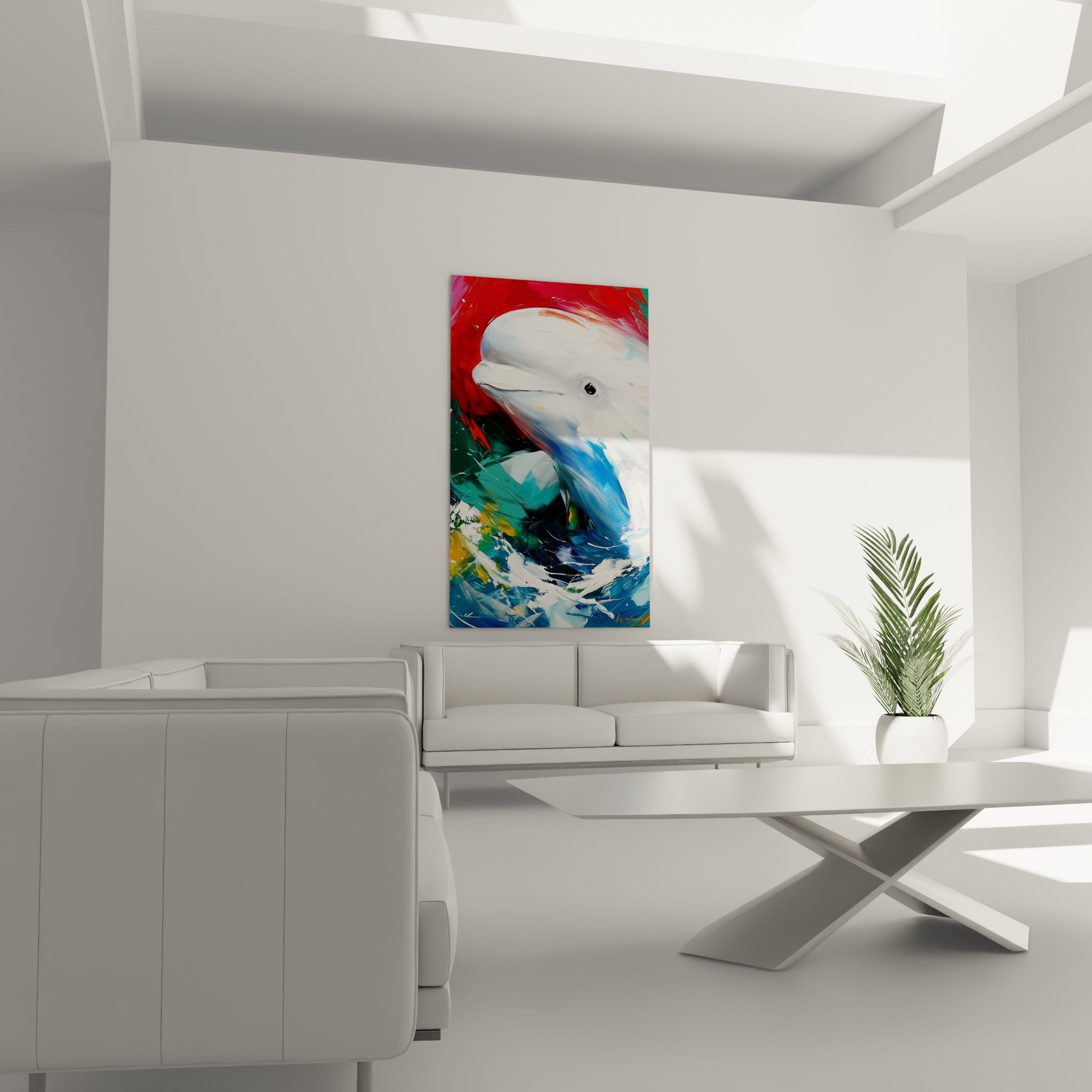 Créature blanche au regard noir intense entourée de rouge et turquoise, au-dessus d'un canapé dans un salon lumineux