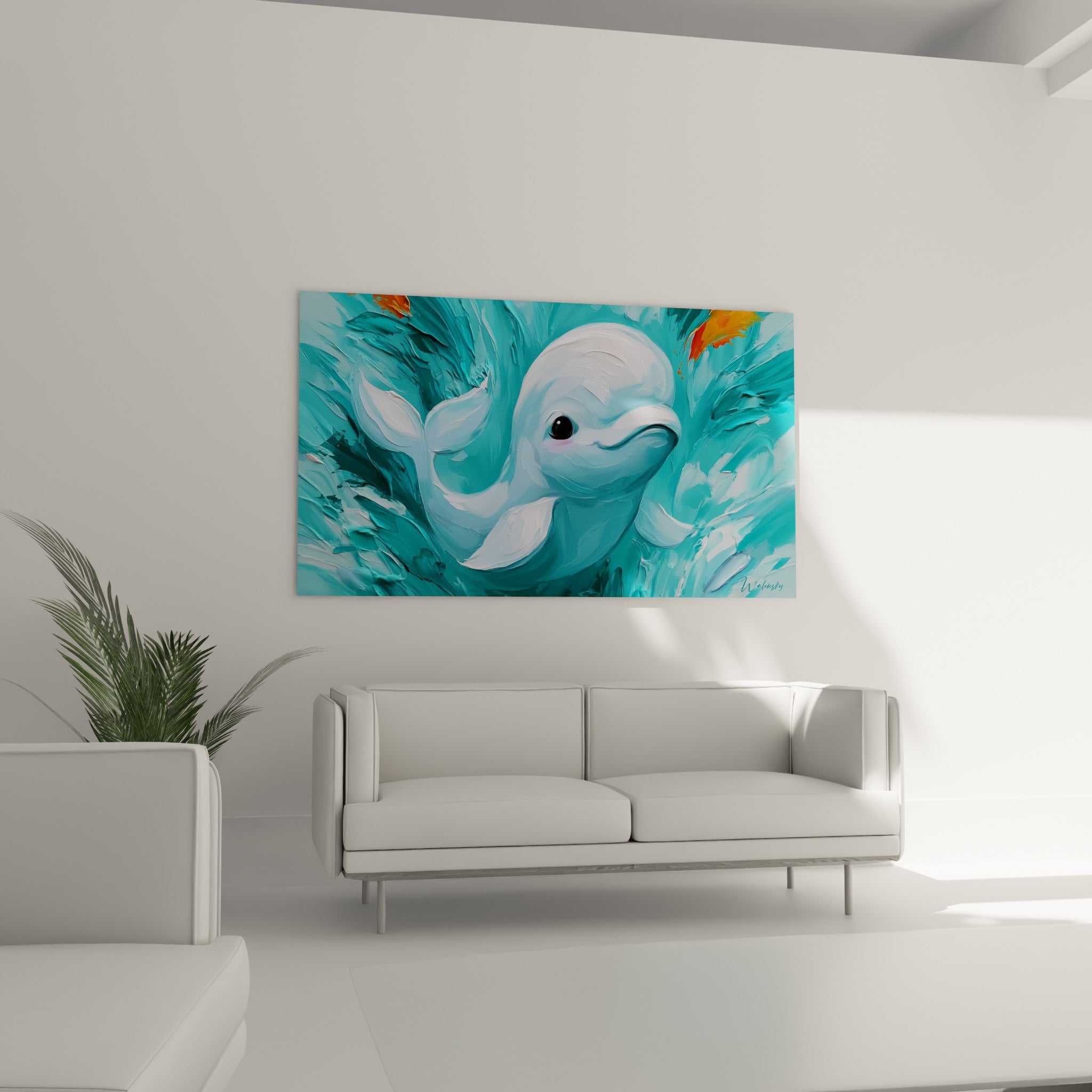 Cétacé blanc nacré nageant dans des remous turquoise et orangés, au-dessus d'un canapé dans un salon lumineux