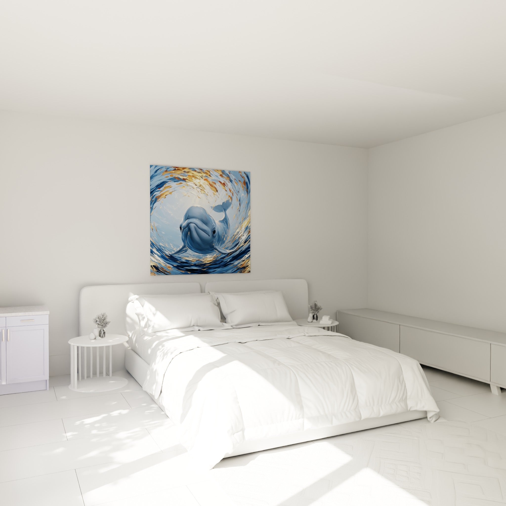 Cétacé blanc émergeant d'un vortex bleu et ocre, accroché au-dessus d'un lit dans une chambre claire