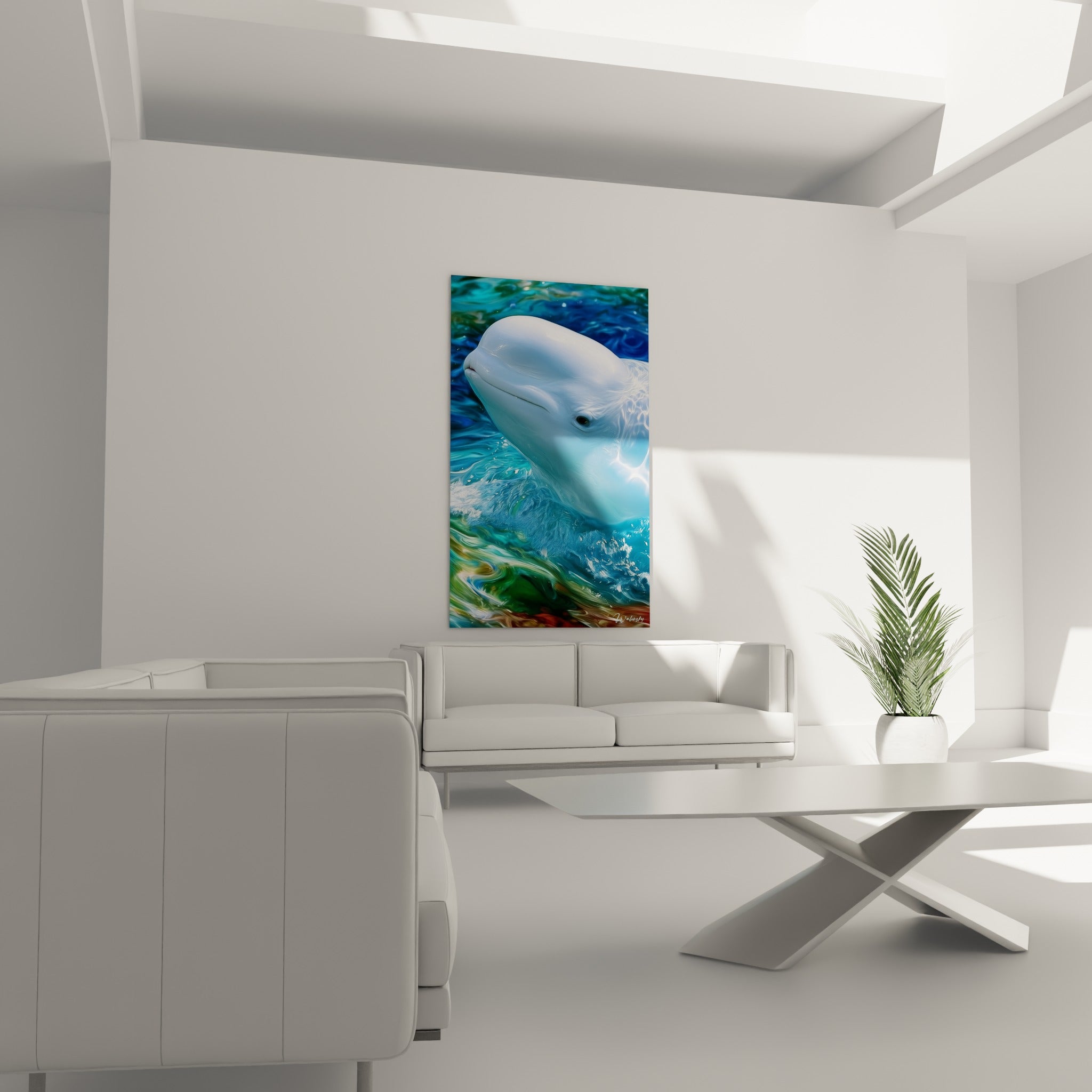 Créature marine blanche dans des remous turquoise et ocre, au-dessus d'un canapé dans un salon lumineux