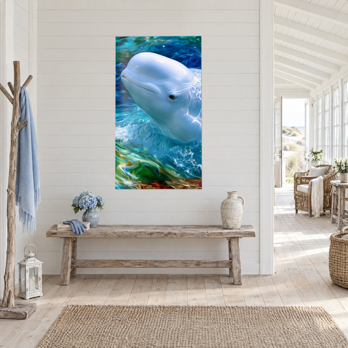 Tableau cétacé ivoire au regard noir, vagues turquoise et verts mêlés, vu de trois quarts dans une maison de bord de mer