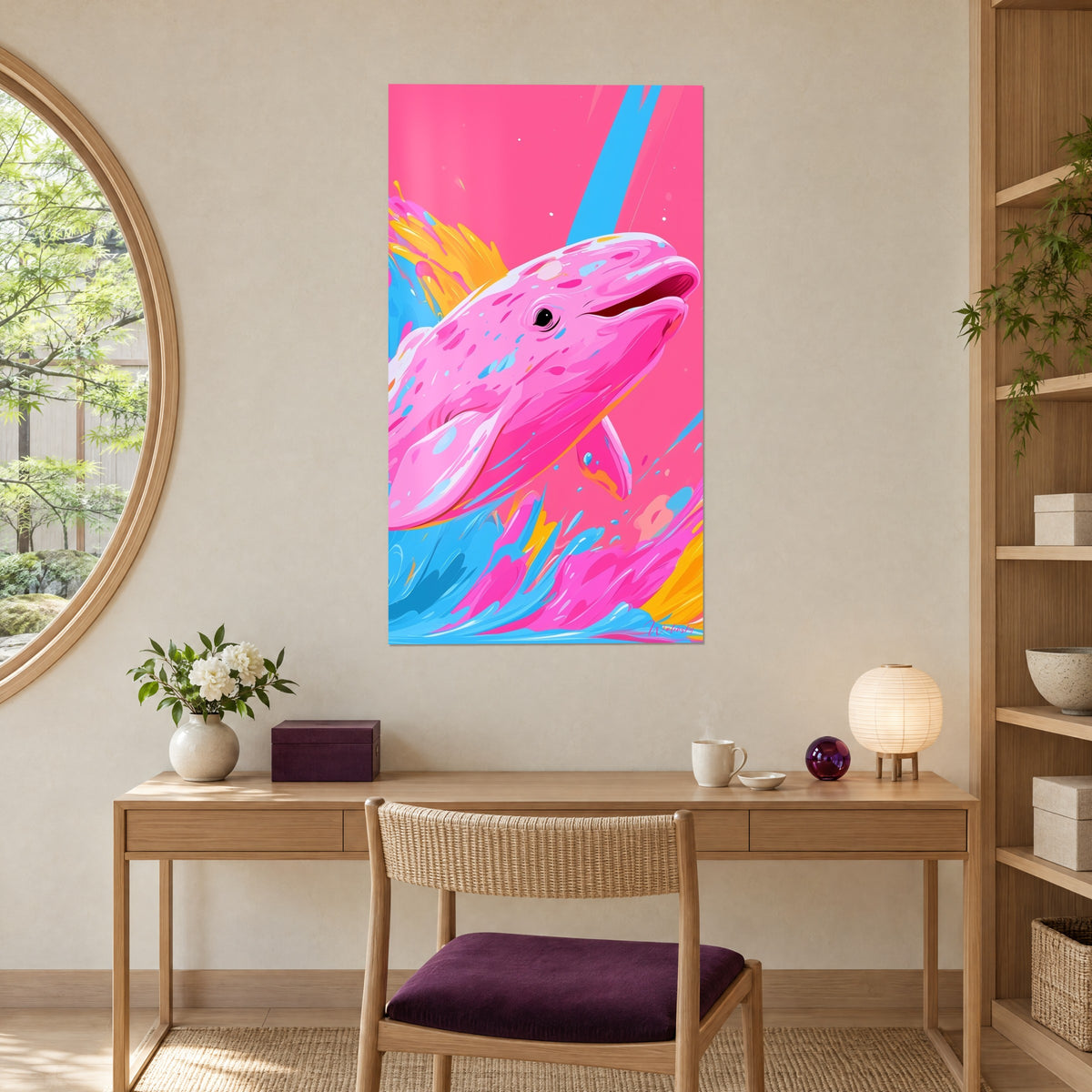 Tableau béluga souriant aux nageoires roses et éclats jaune moutarde, vagues cyan, accroché au-dessus d'un bureau en bois clair