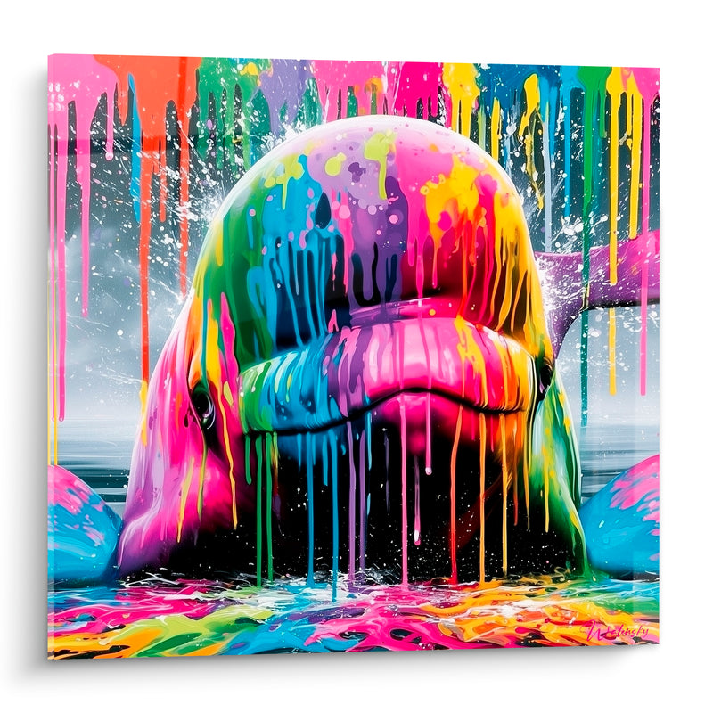 Tableau Beluga rose fuchsia et bleu éclaboussé de peinture - Cascade arc-en-ciel - Edition Beluga